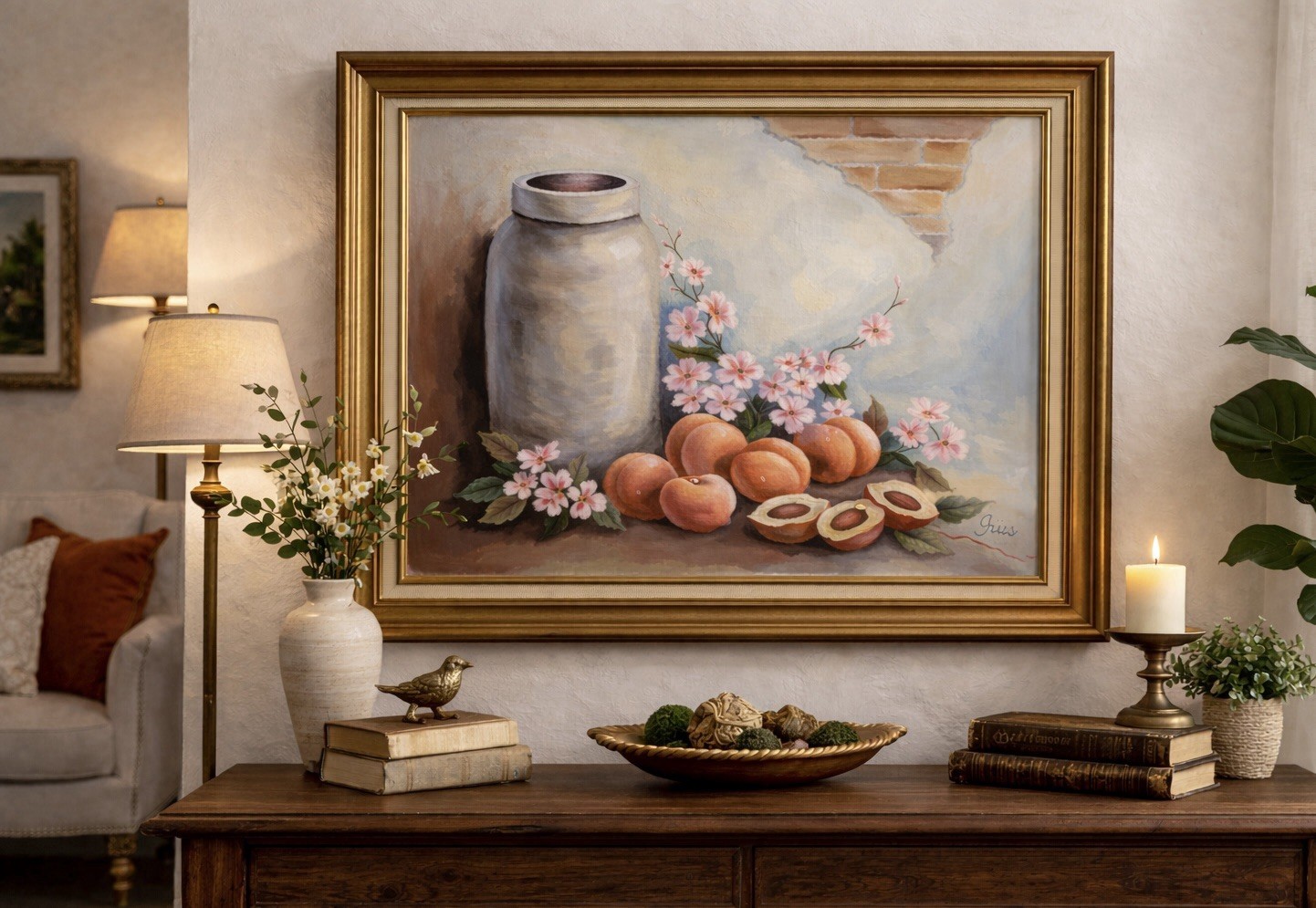 Vintage 1960s Still Life Oil Peaches Gold Wood & Linen Frame 24.5×20.5