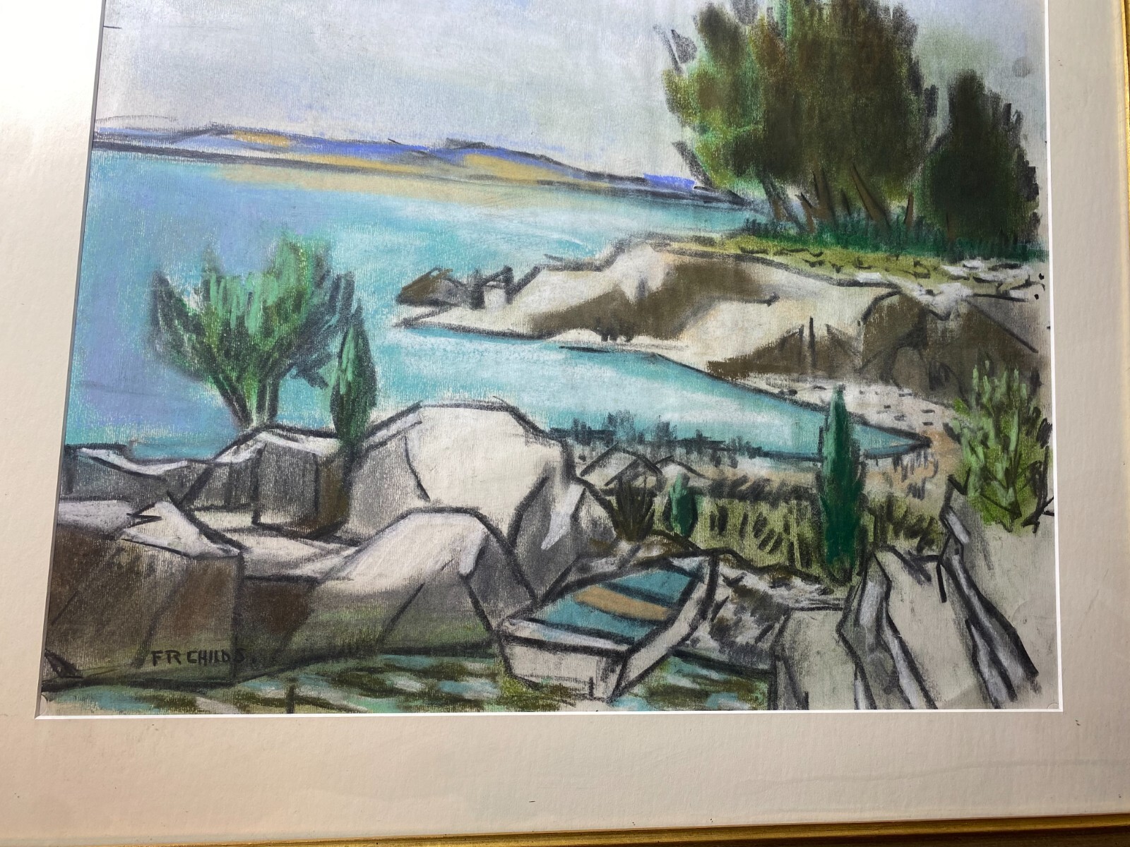 Frederick Childs (1908 – 1978) «Coastal Landscape» Pastel Painting-Signed/Framed