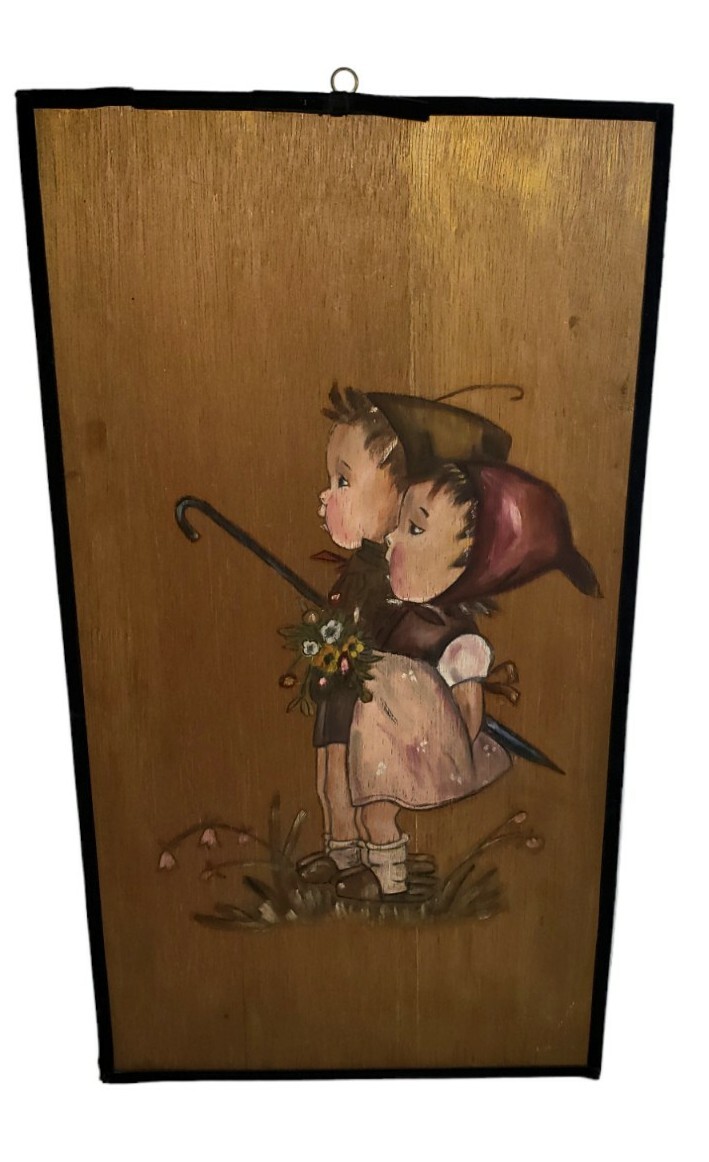 Vintage Hummel Style Oil Painting On Wood Panel Children Artwork