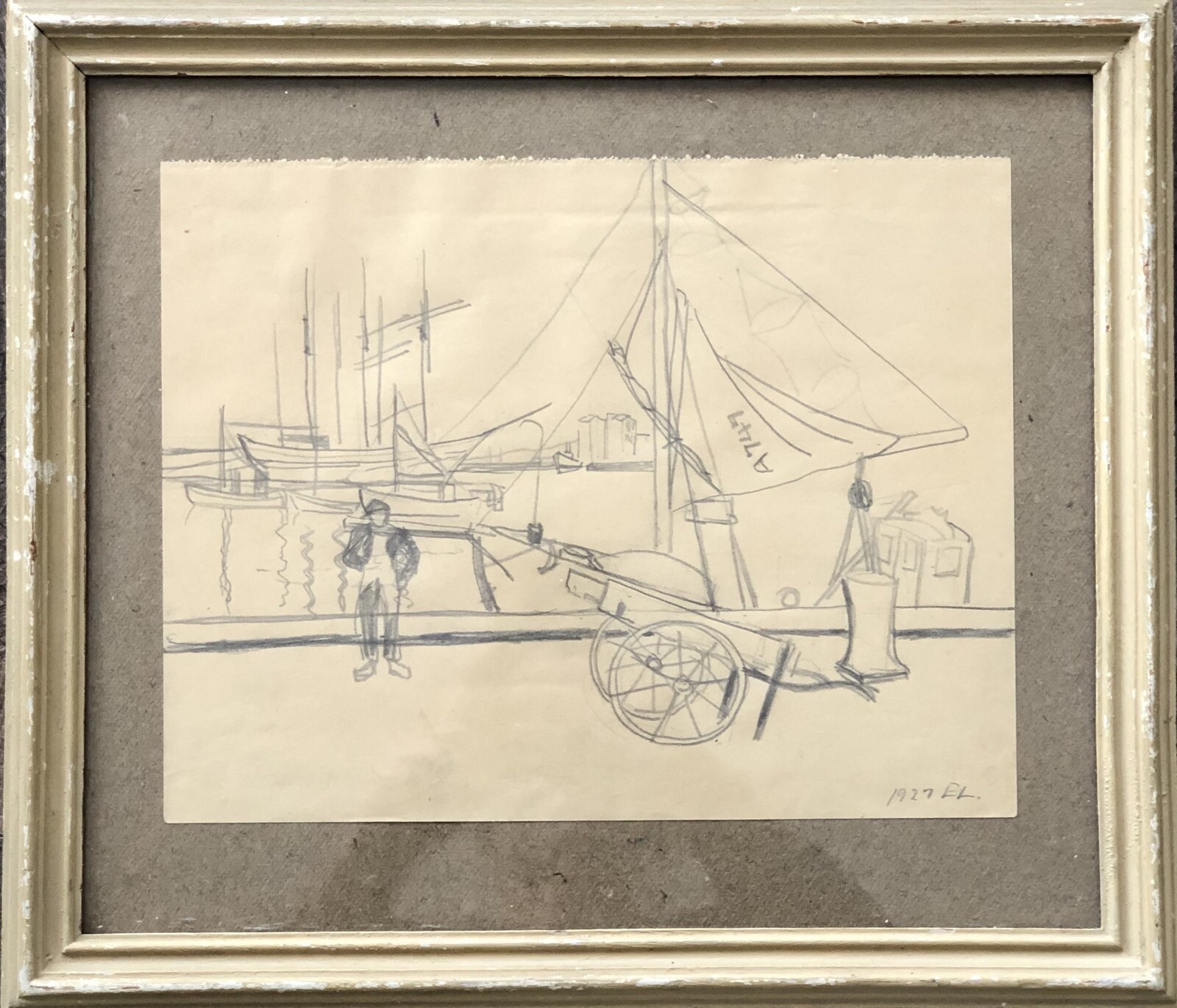 Antique Pencil Drawing Sketch Harbor Fishing Boats Nets Cart Pier Sea 1921