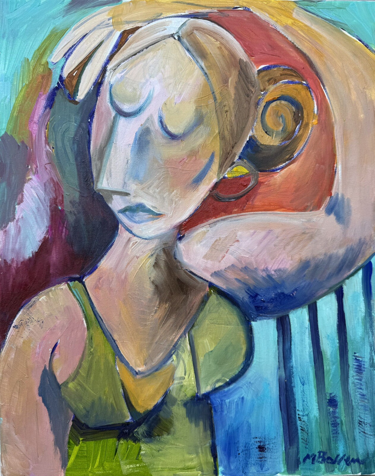 MBollen Original Oil Painting Of Woman Green Aqua Red Orange Figure