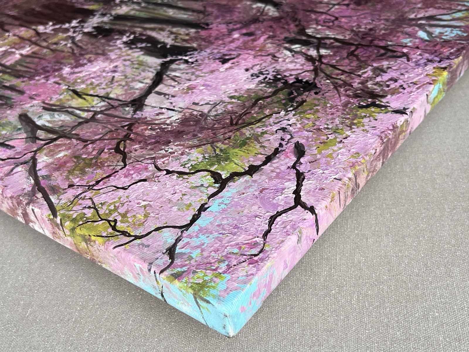 Large blossoming Sakura park with bridge, Cherry tree colorful pink blossom ART