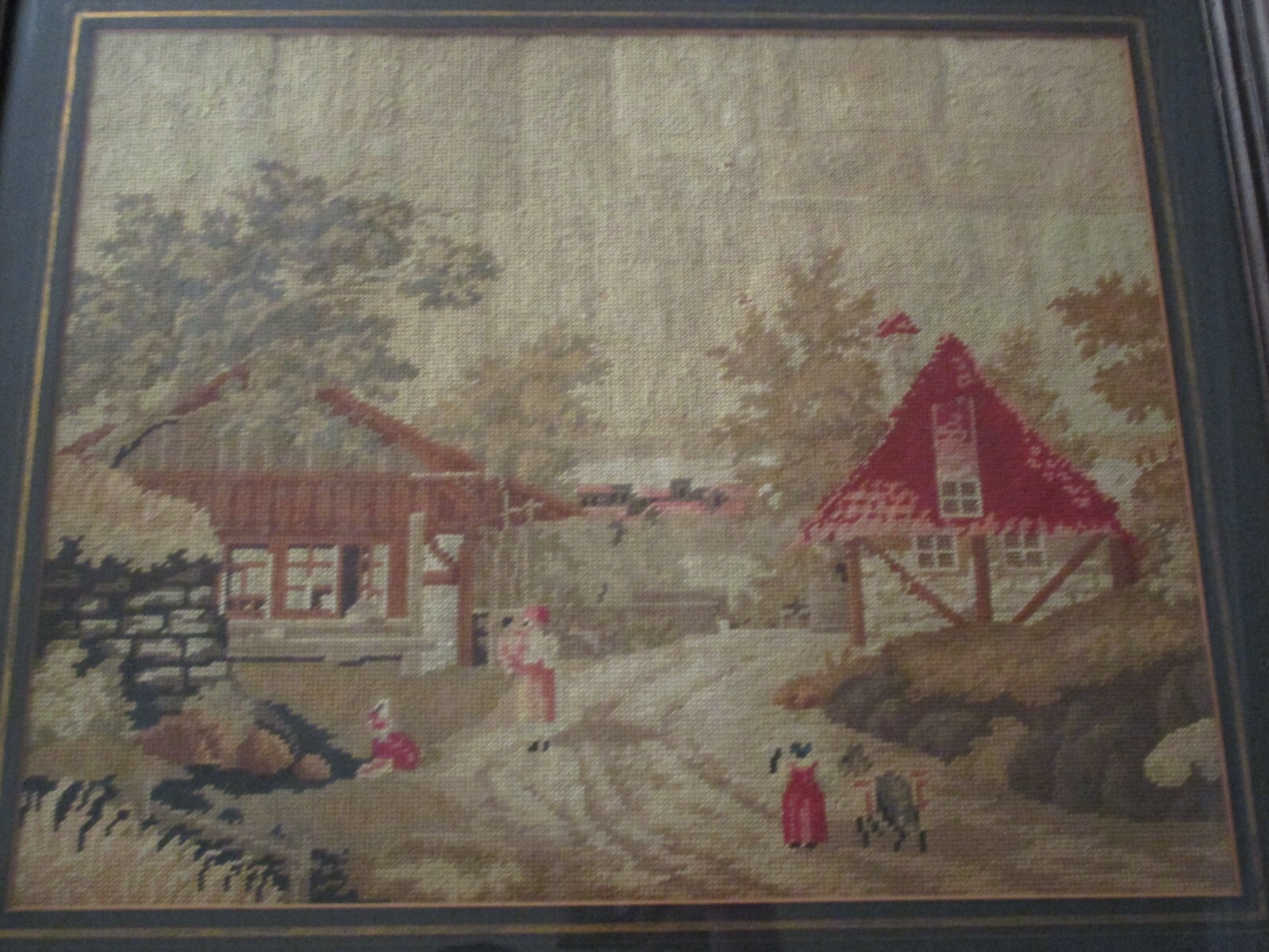 MARY GERTRUDE FERDON NEEDLEPOINT PAINTING 1850 FOLK ART LANDSCAPE NAIVE ANTIQUE