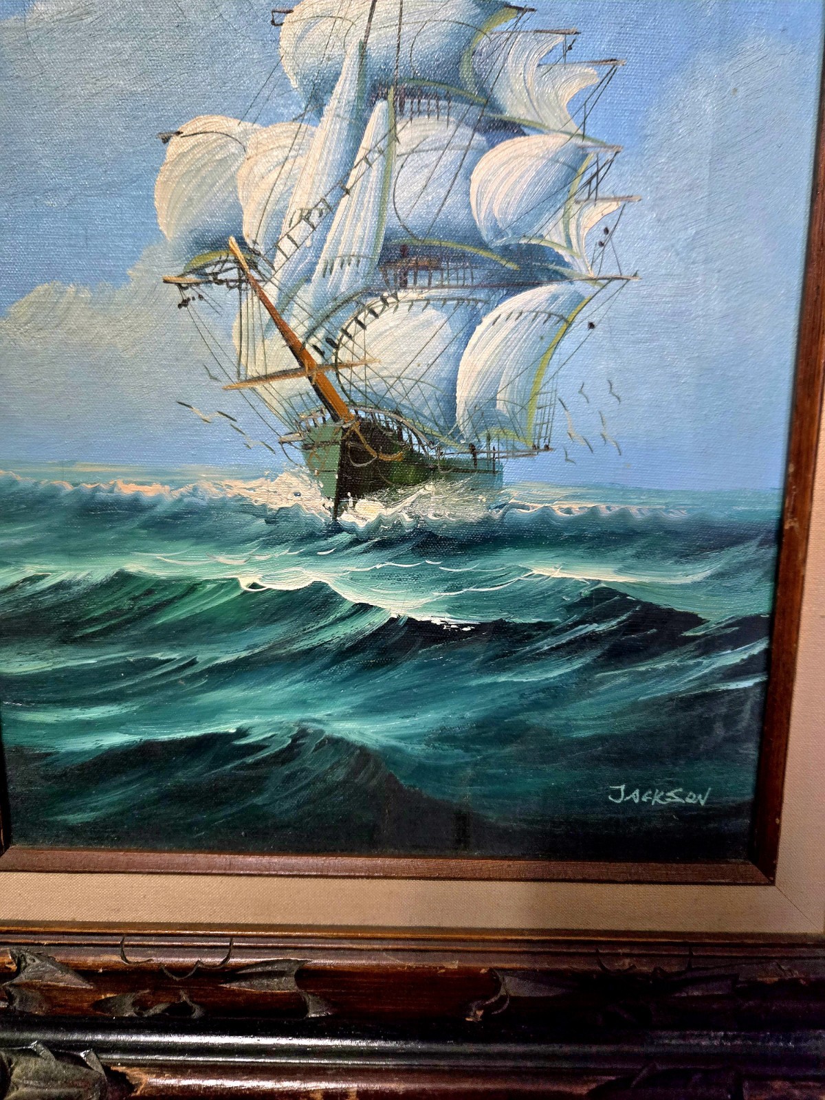 Jackson Signed Framed Realism Canvas Painting Nautical Seascape Sailing Ship