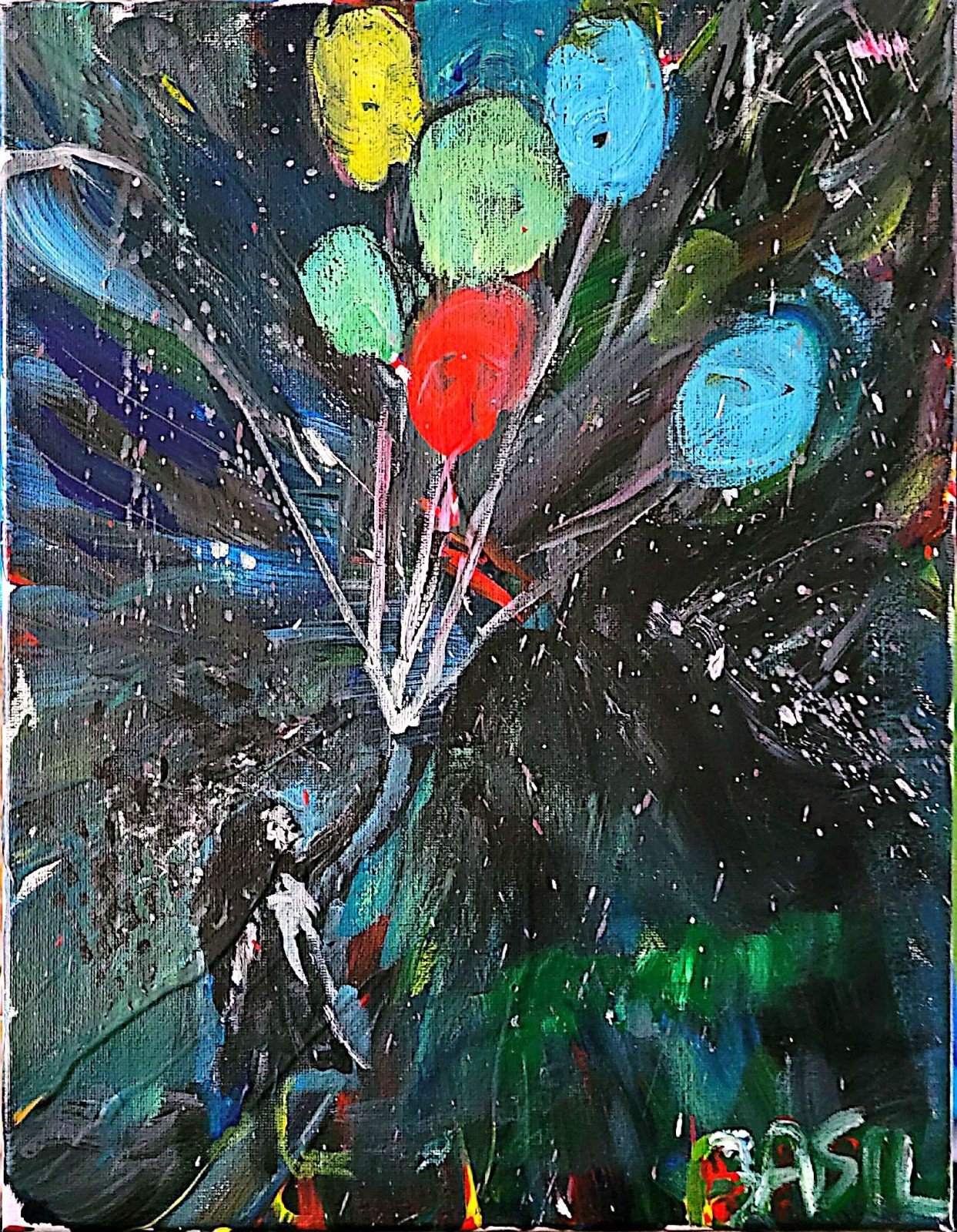 Balloon Girl Nocturne Stars Bold Color Modern Abstract Art Original Canvas 11×14