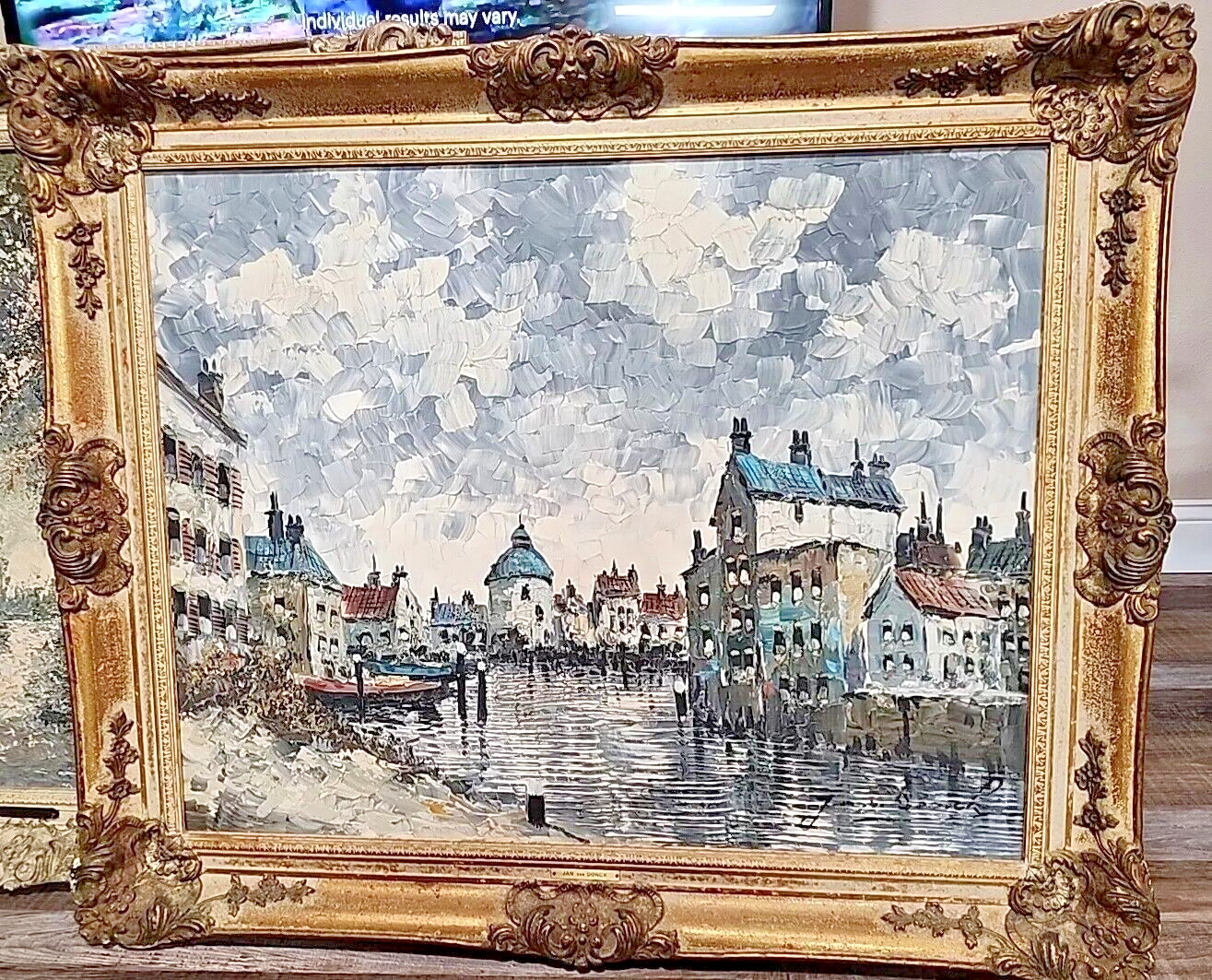 Jan Van Donck Dutch Impressionist Harbor View Large Old Oil Painting