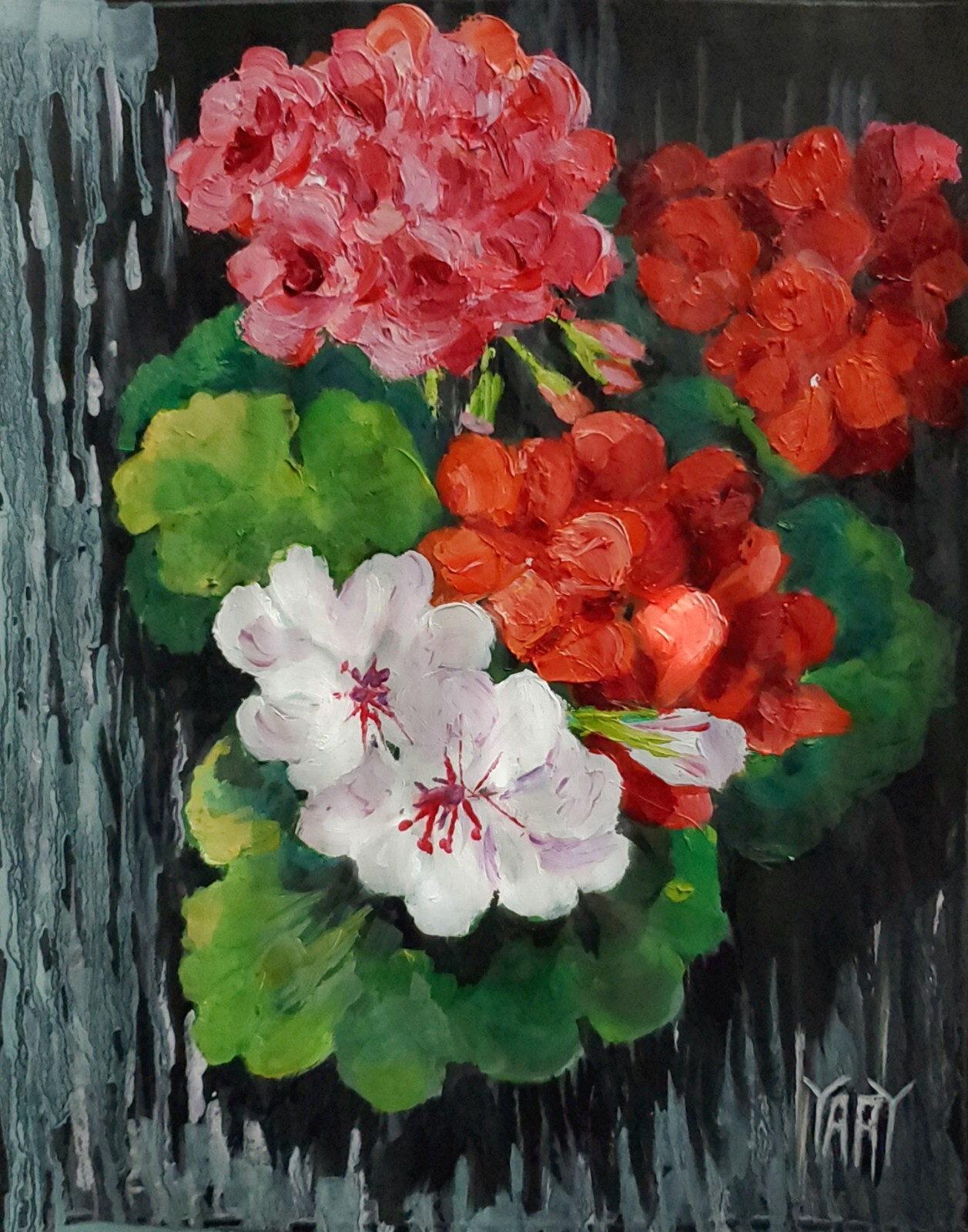 YARY DLUHOS Flower Geraniums Plants Still Life Garden Original Art Oil Painting