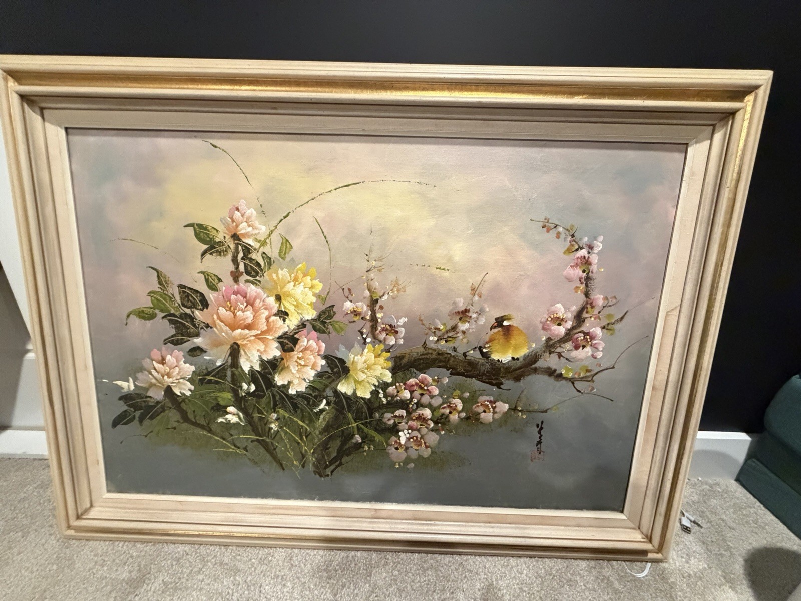 Vintage Asian Floral Oil Painting Canvas Framed Cherry Blossom Peony Signed Art
