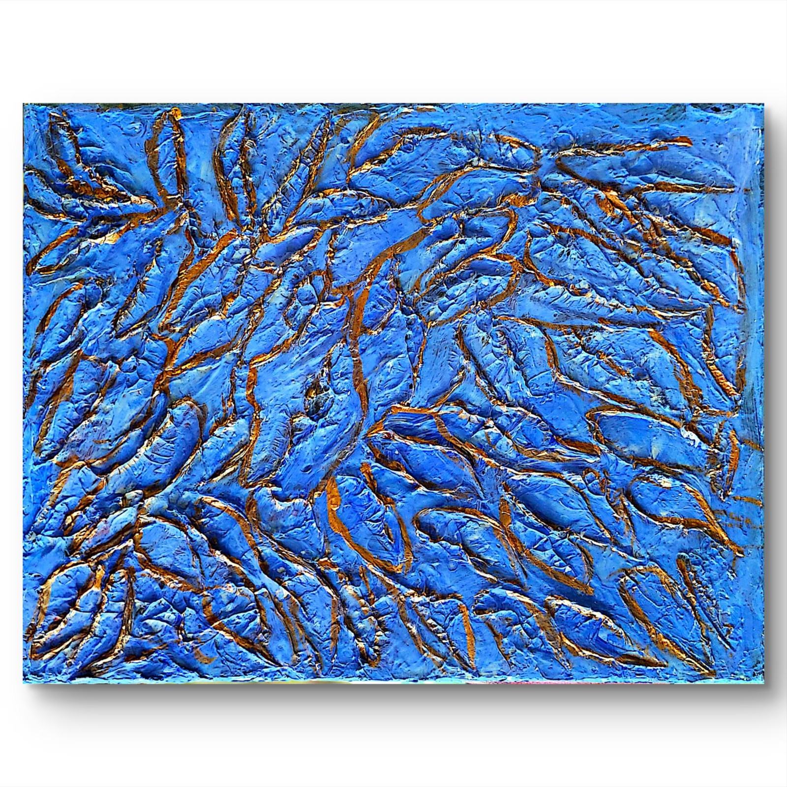 Blue Textured Abstract with Metallic Copper Accents – Original 14×11