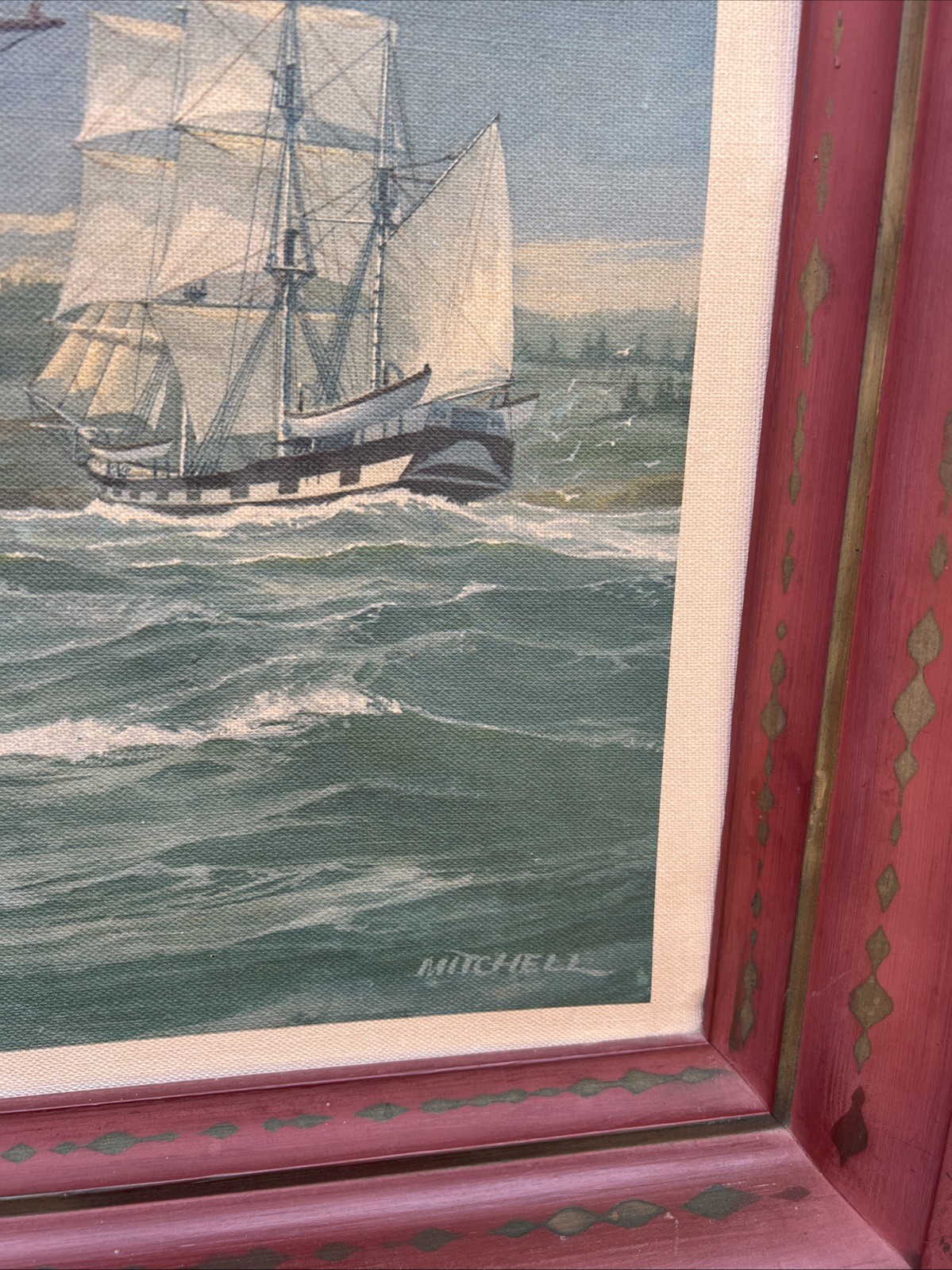 William Frederick Mitchell Naval Merchant Ship LITHO on CANVAS Framed (2) PAIR