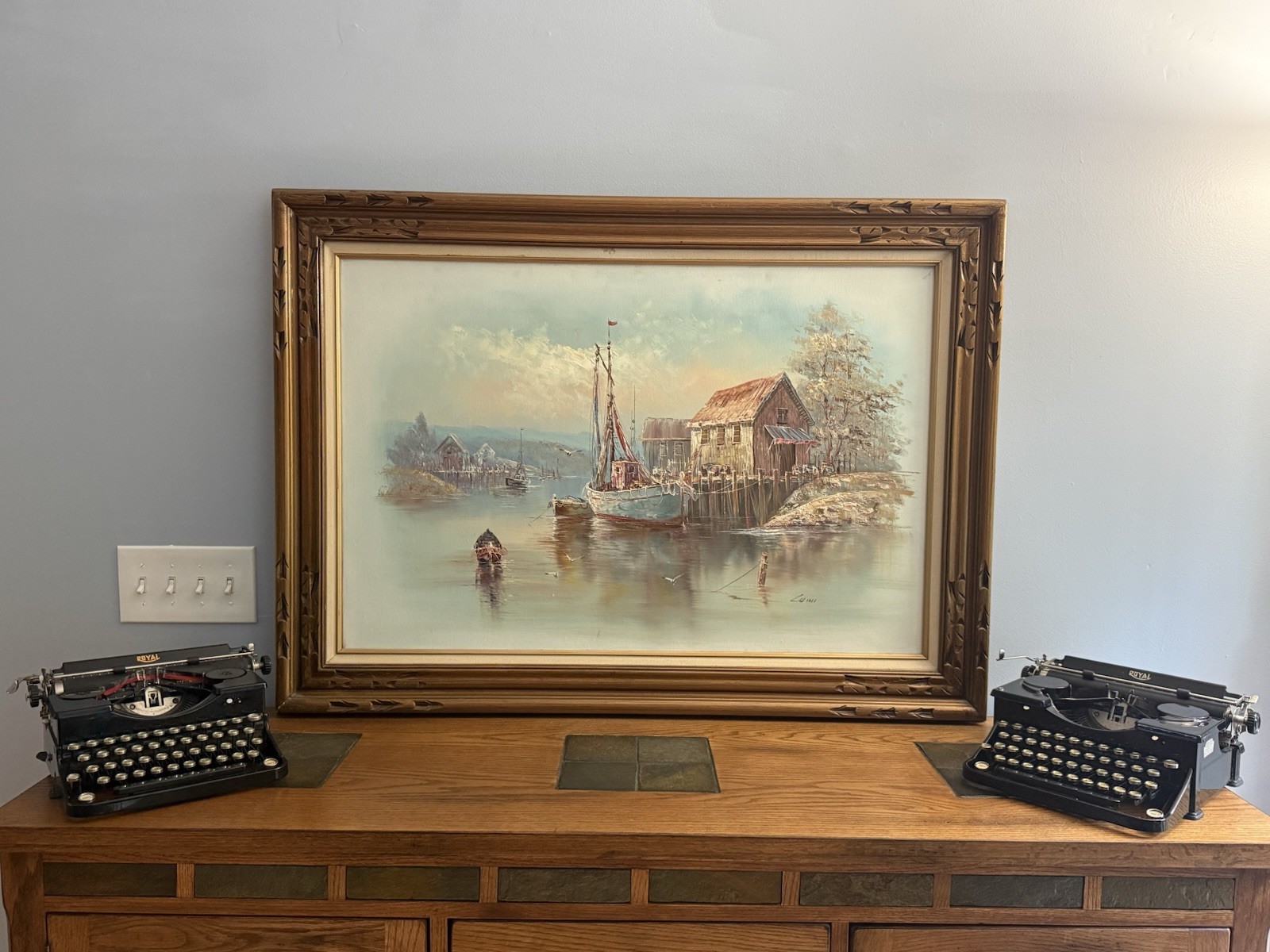 Vintage Nautical Oil Painting John Luini New England Harbor Coastal Boat