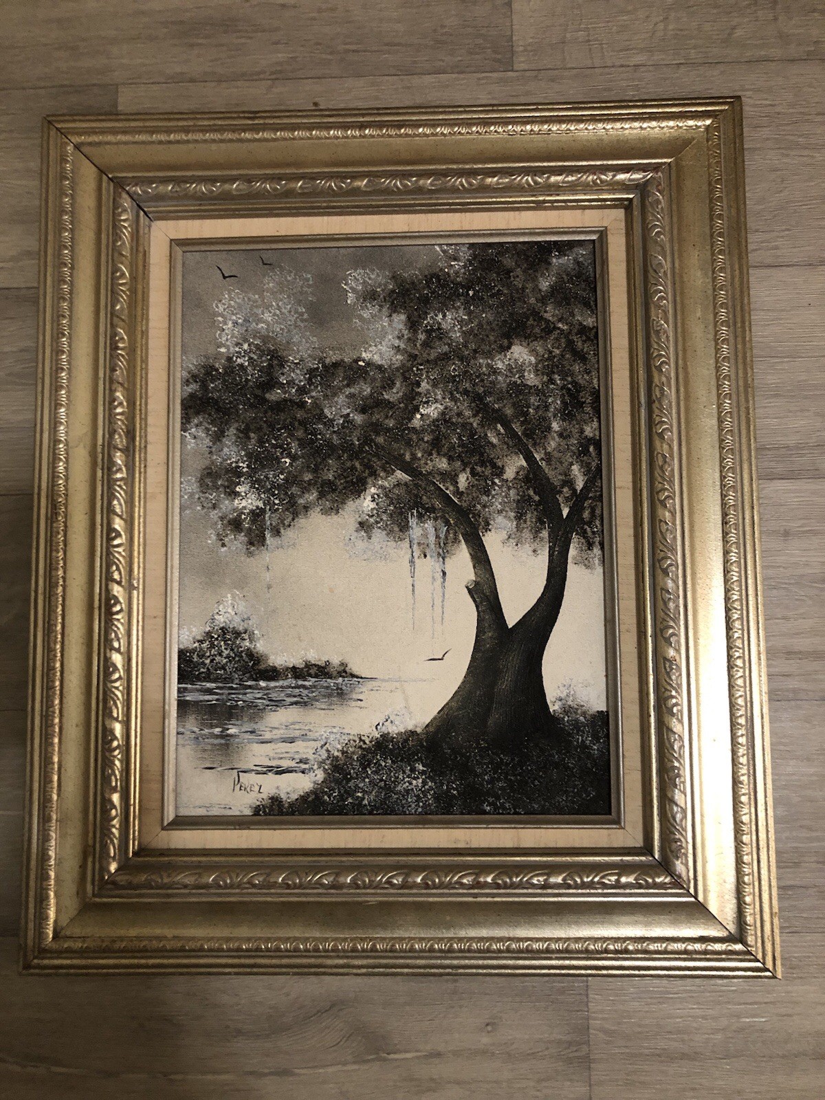 Vintage Black And White PEREZ Painting In Gold Frame Artistic interiors Inc.