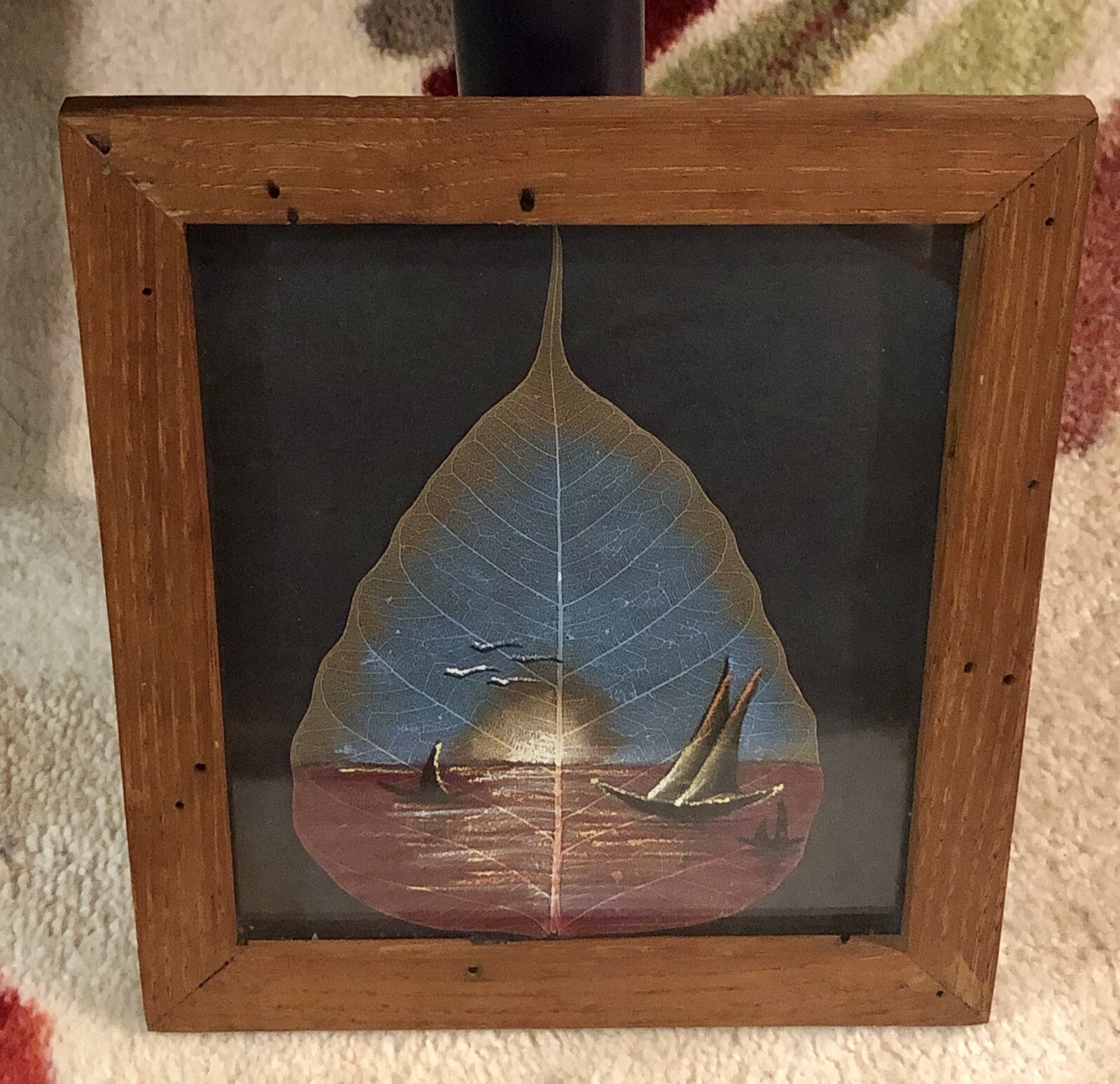 Vintage Framed Art “Ocean Sunset” Hand Painted Oil Painting Skeleton Pipal Leaf