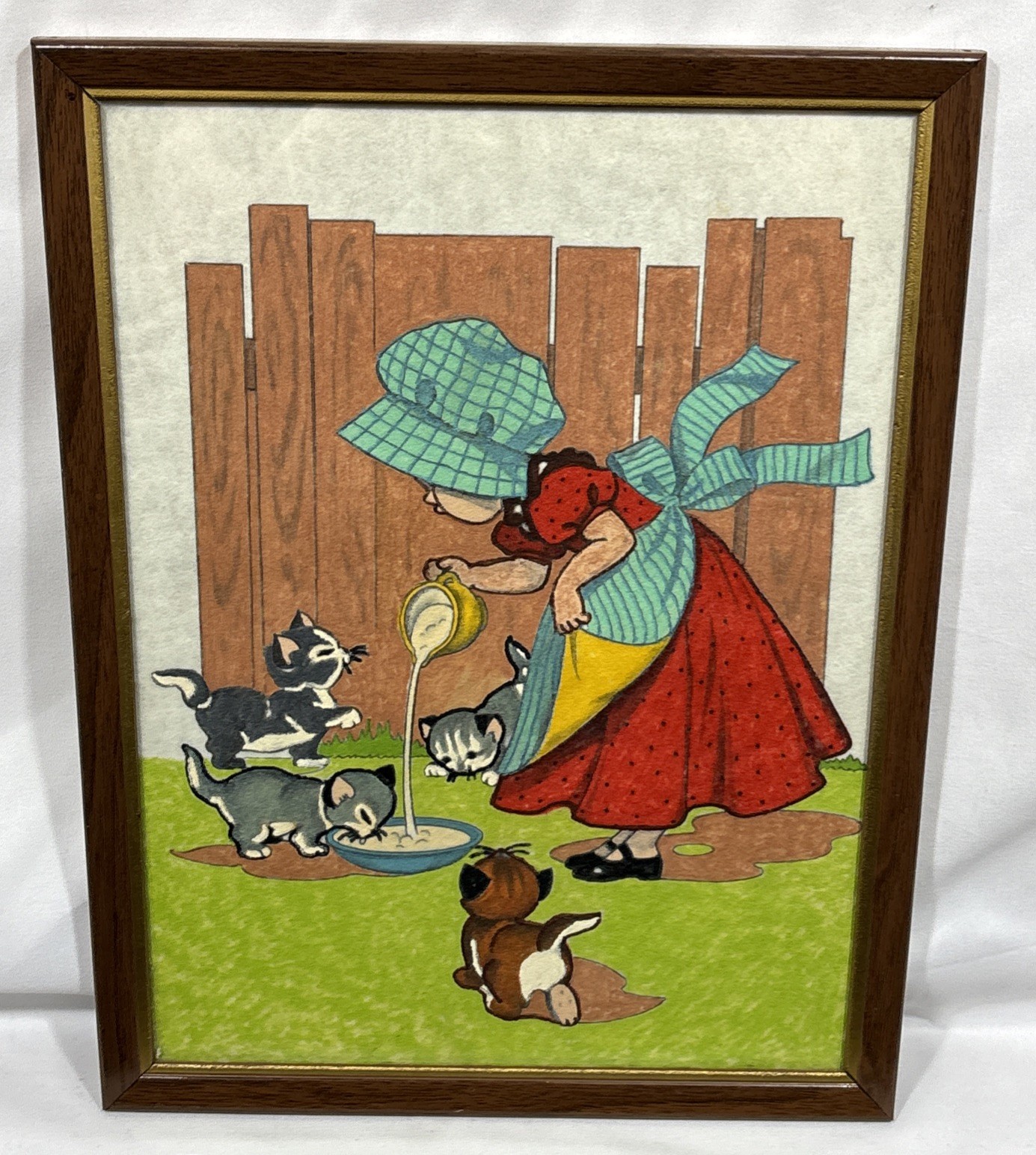 Vintage Folk Art Original Painting on Felt Girl in Bonnet Feeding Kittens Framed