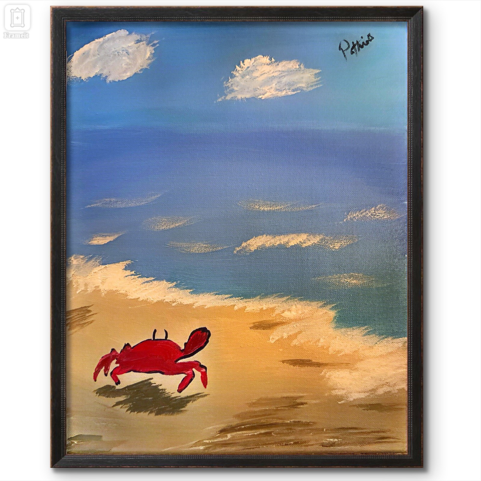 Crab on the Beach 14×11 Contemporary Folk Art Painting Canvas Signed Home Decor