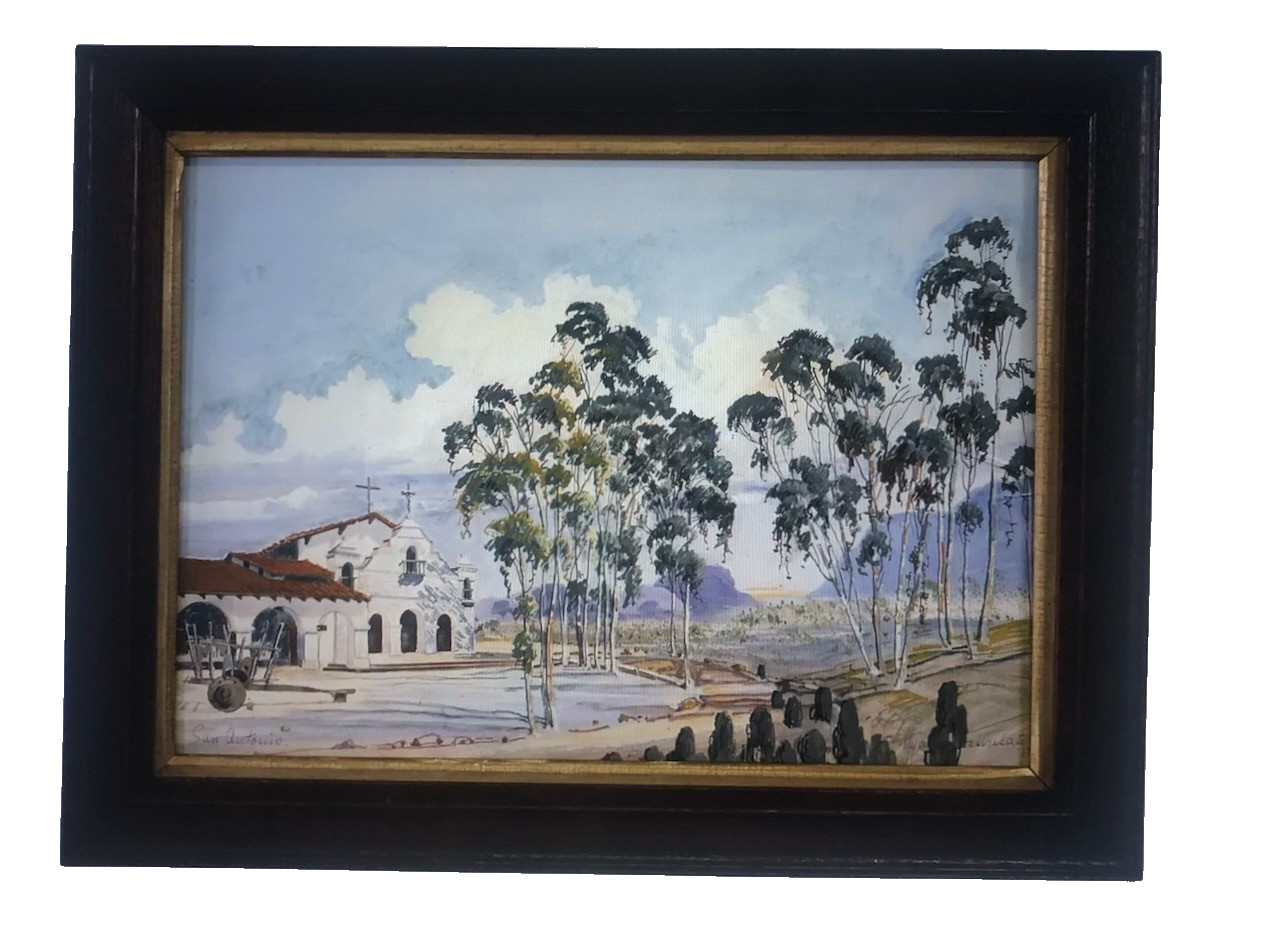 Original Early Historic Watercolor San Antonio Mission Alamo Framed and signed