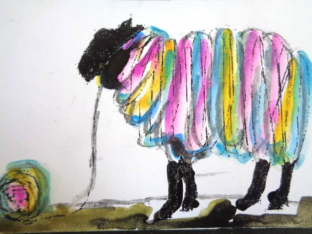 ACEO Cute COLORFUL SHEEP Painting