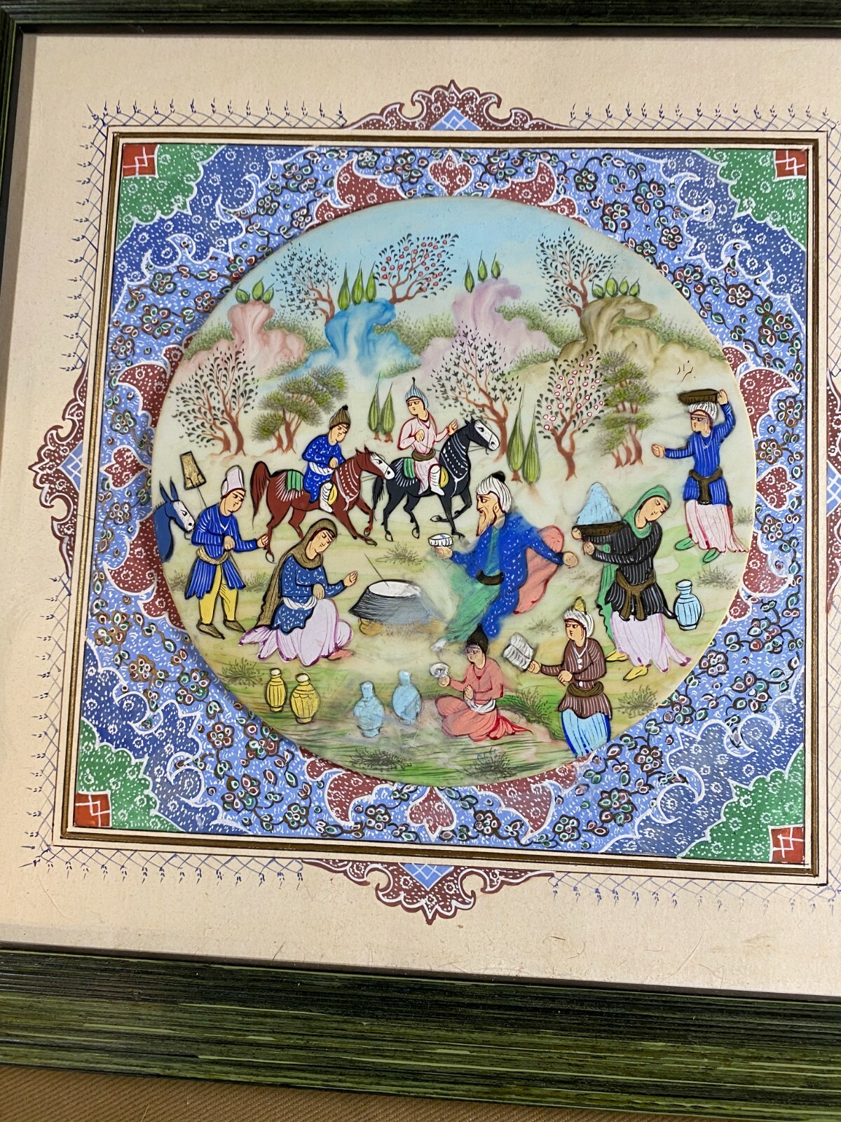 «Persian Figures Scene» Gouache On Bone & Paper Painting With Decorated Matte