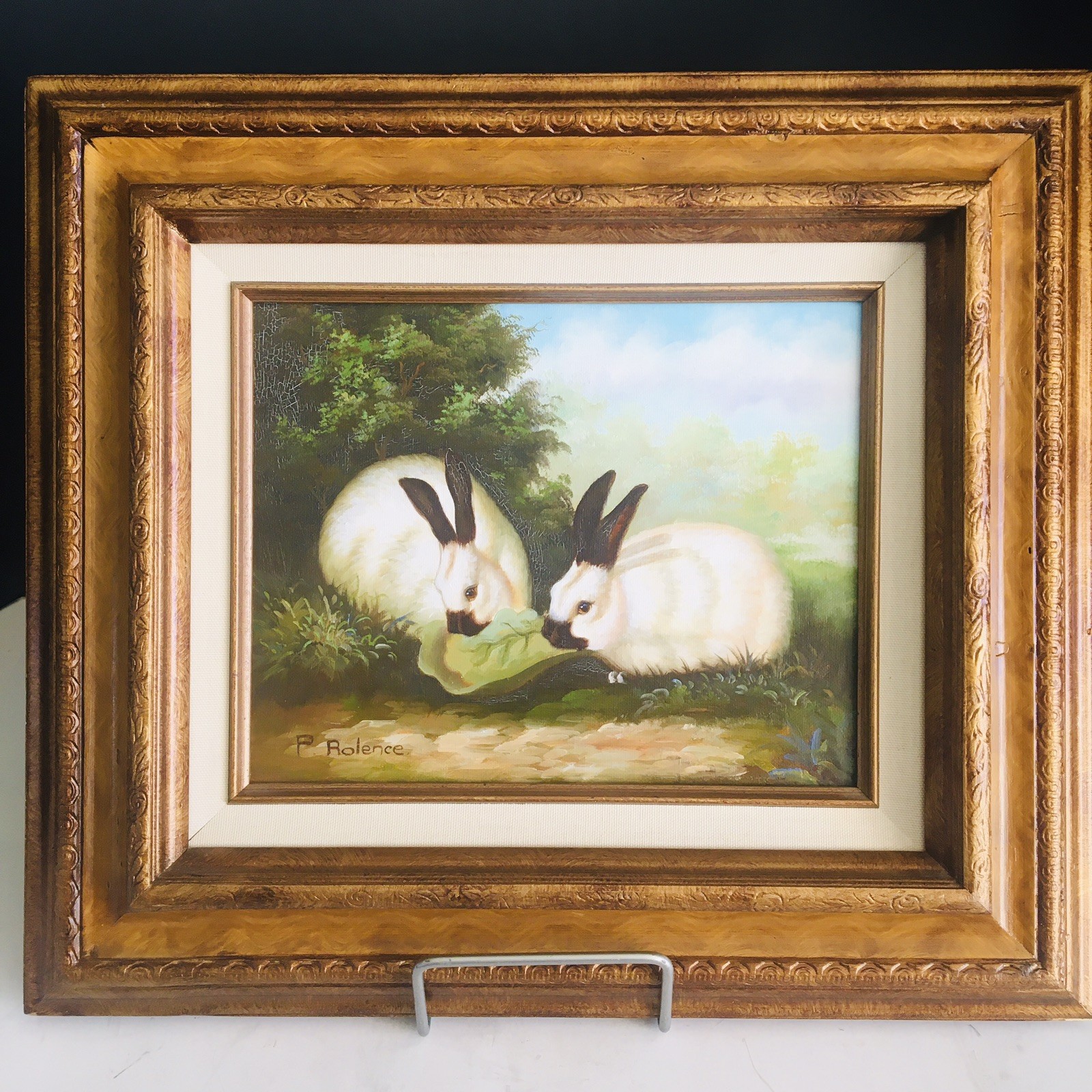 P Rolence Original Painting Himalayan Rabbits Framed 17″ x 15″