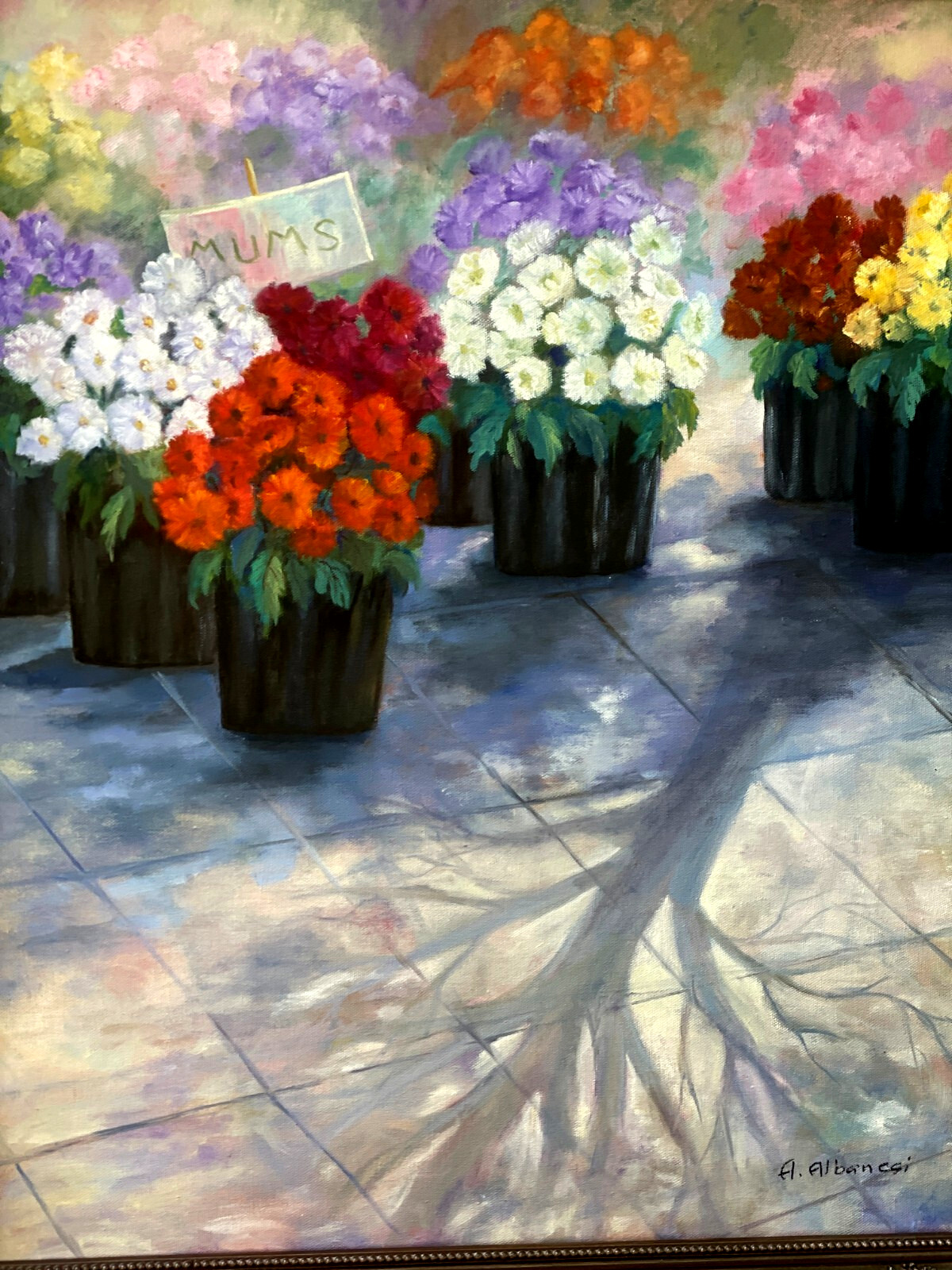 MUMS MULTI-COLOR, ORIGINAL FLORAL PTG. By: A. Albancgi, Signed-Framed-BEAUTIFUL