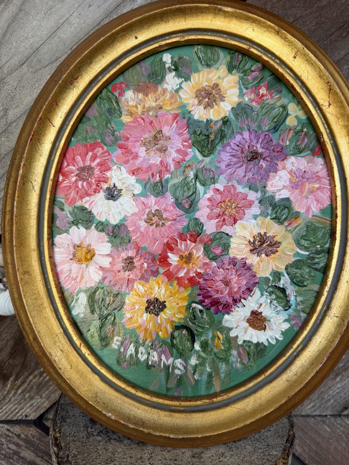 VTG Framed Floral PAINTING Impressionistic Zinnia Daisy FLOWER Gold Oval Frame