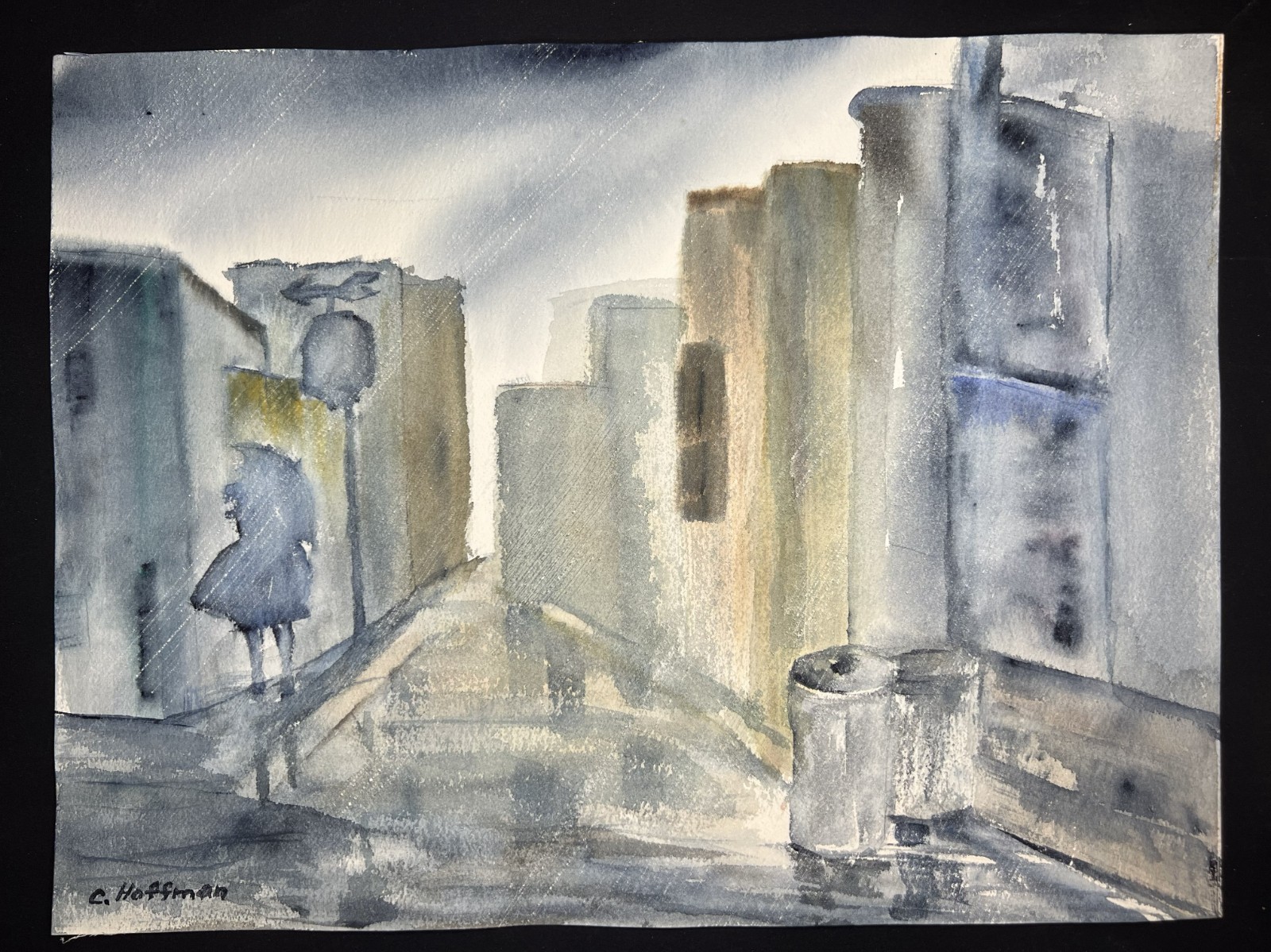 Raining Day Cityscape-Charlotte Hoffman–Mid 20th Century Watercolor–NY Artist