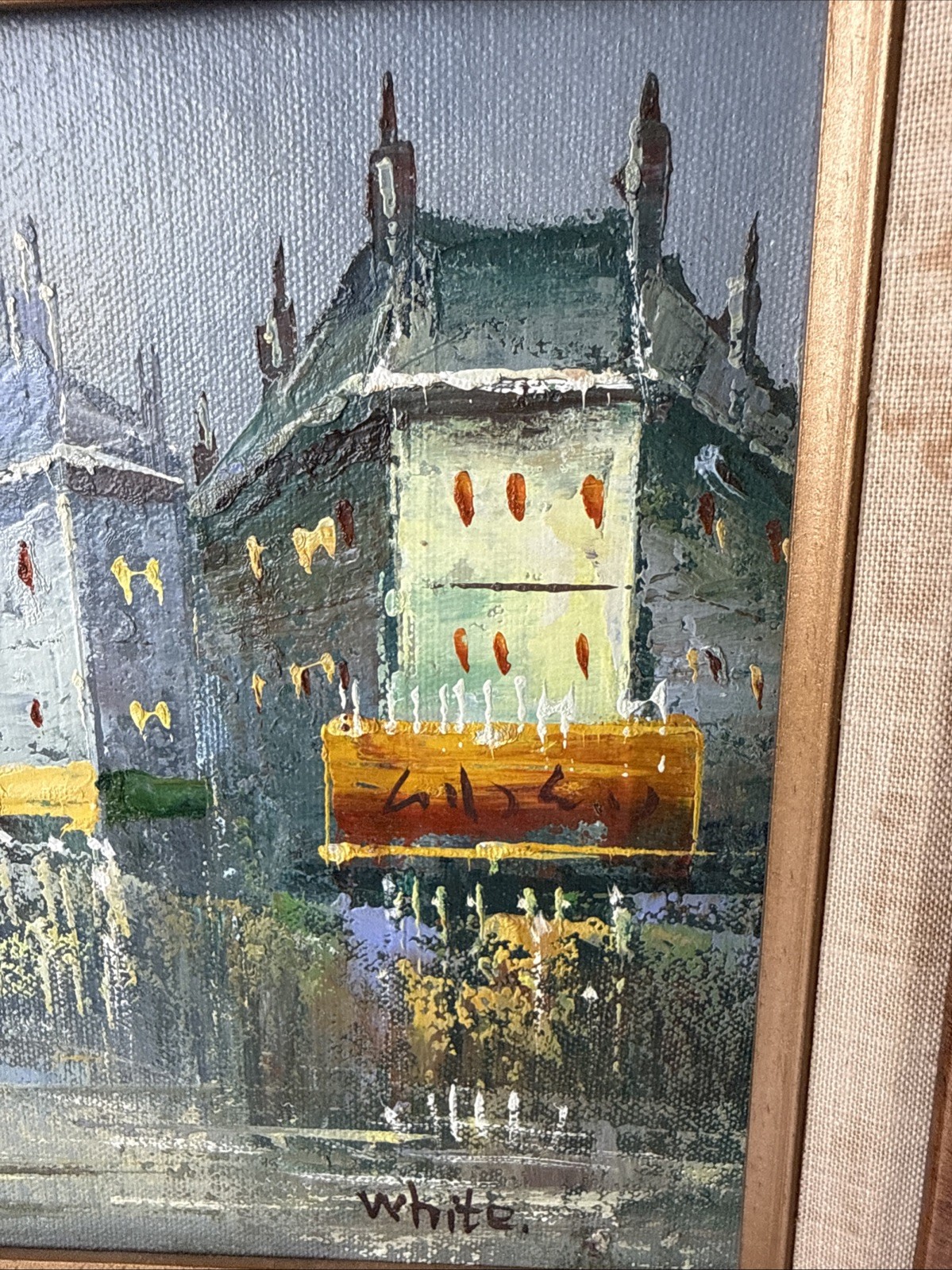 Vintage Oil Painting on Canvas Paris Street Scene Signed White Framed 17″×14″