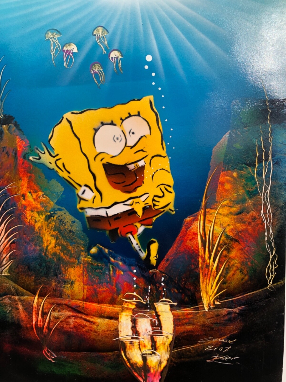 Sponge Bob Square Pants goes Swimming & Diving, Original Painting, Signed/Framed
