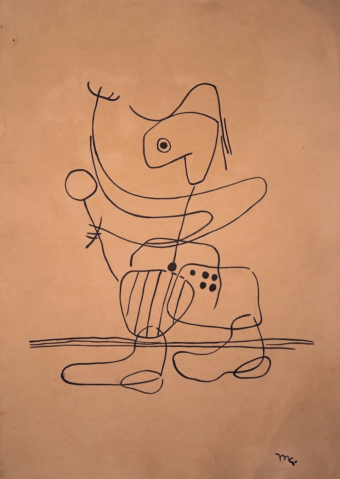 MATHIAS GOERITZ 13.5″ x 9.5” –HAPPY COWBOY- INK ON THICK PAPER DRAWING