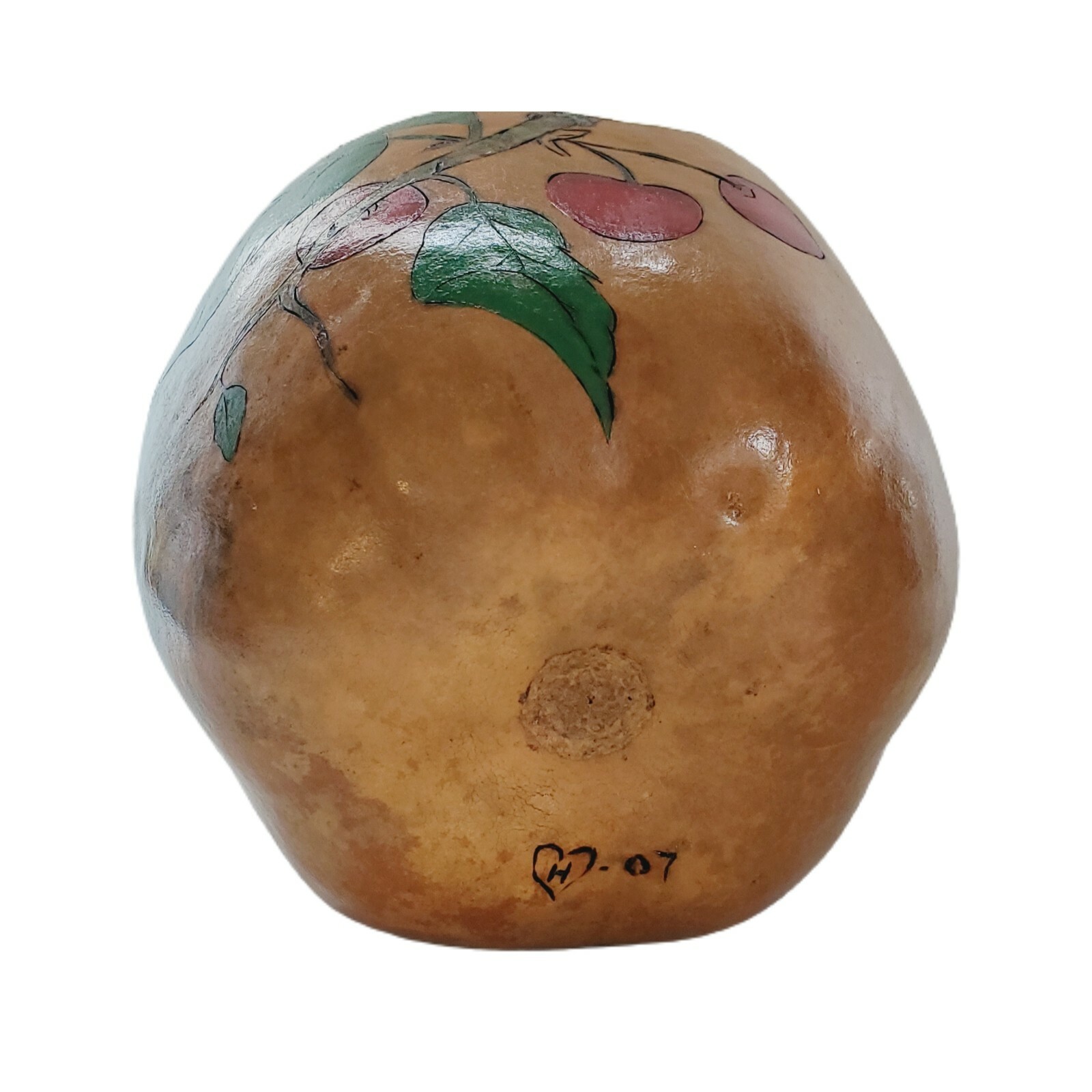Vintage Signed Hand Engraved Painted Apple Shaped Gourd Stem Bird Cherry Tree