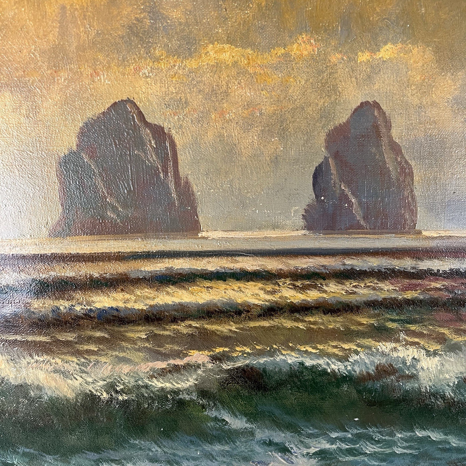 Original Vintage Ocean Waves Beach Sunset Oil Painting Franz Wallis Waldner 36″