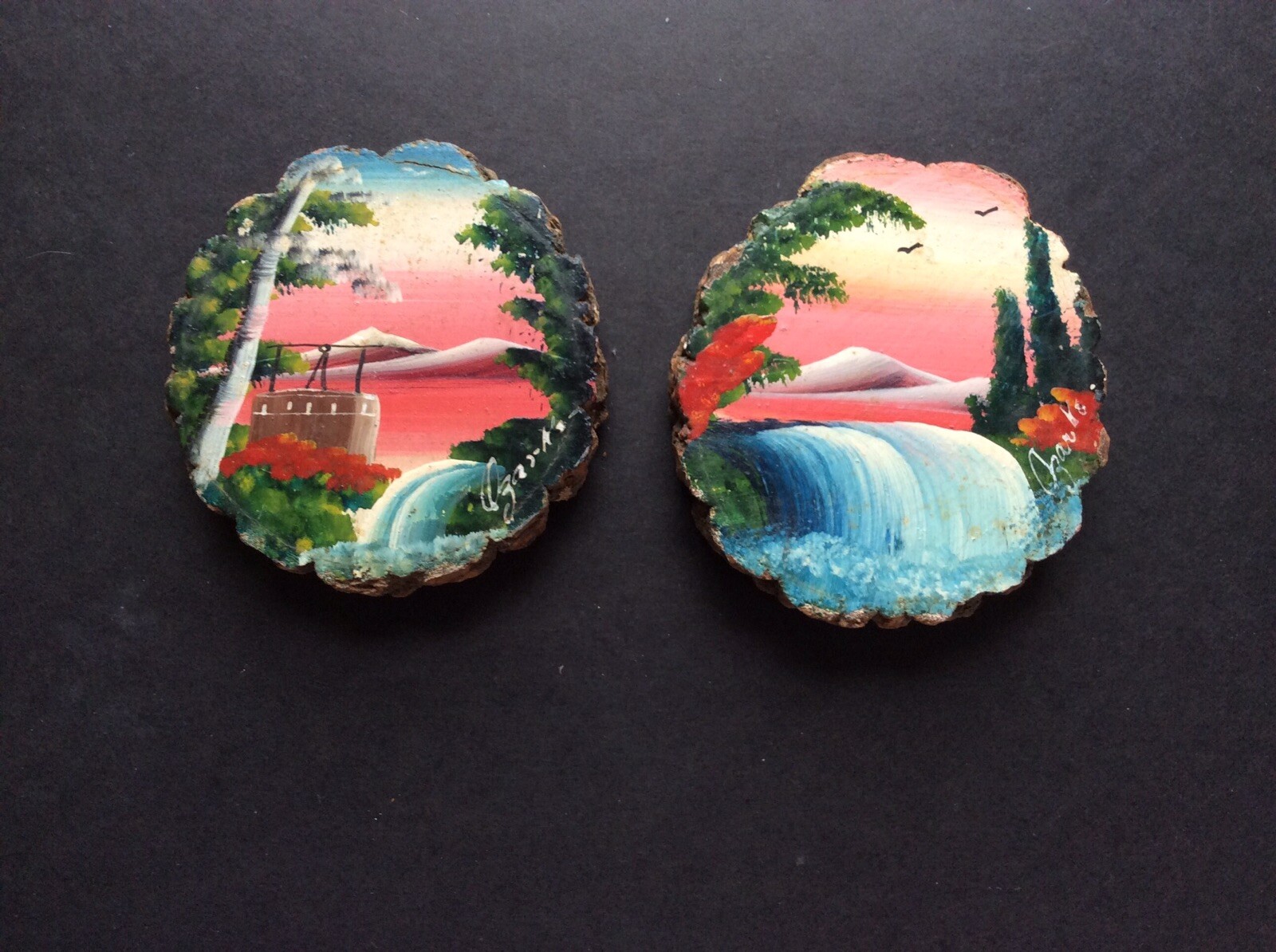 Vtg Wood Tree Slab/slice Painting Landscape Art The Ozarks Round Shape 1948 Camp