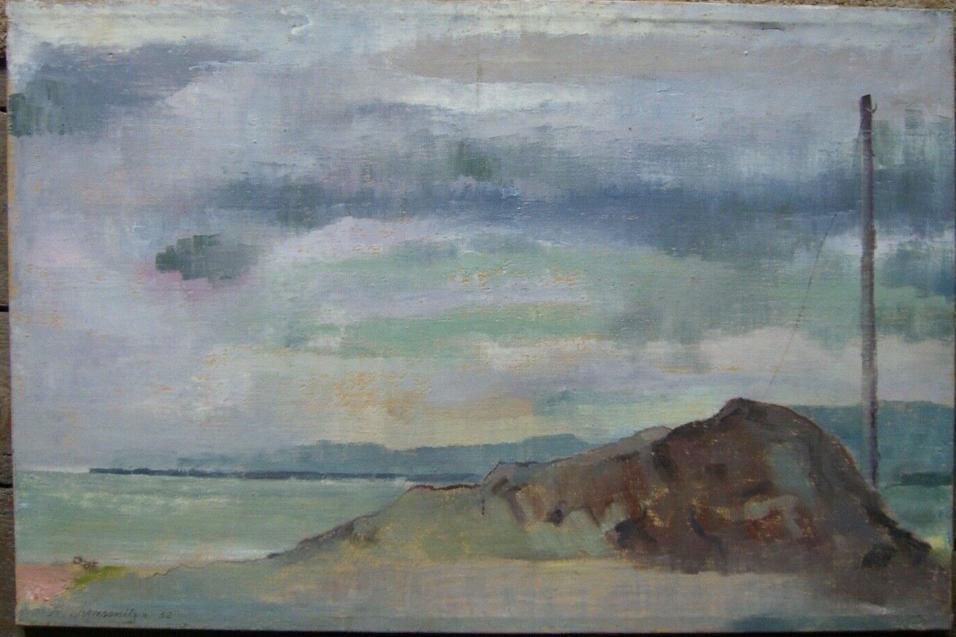 ::OIL PAINTING SEASCAPE DARK CLOUDS OFF COASTLINE SKY R. KRASSNITZER 1952