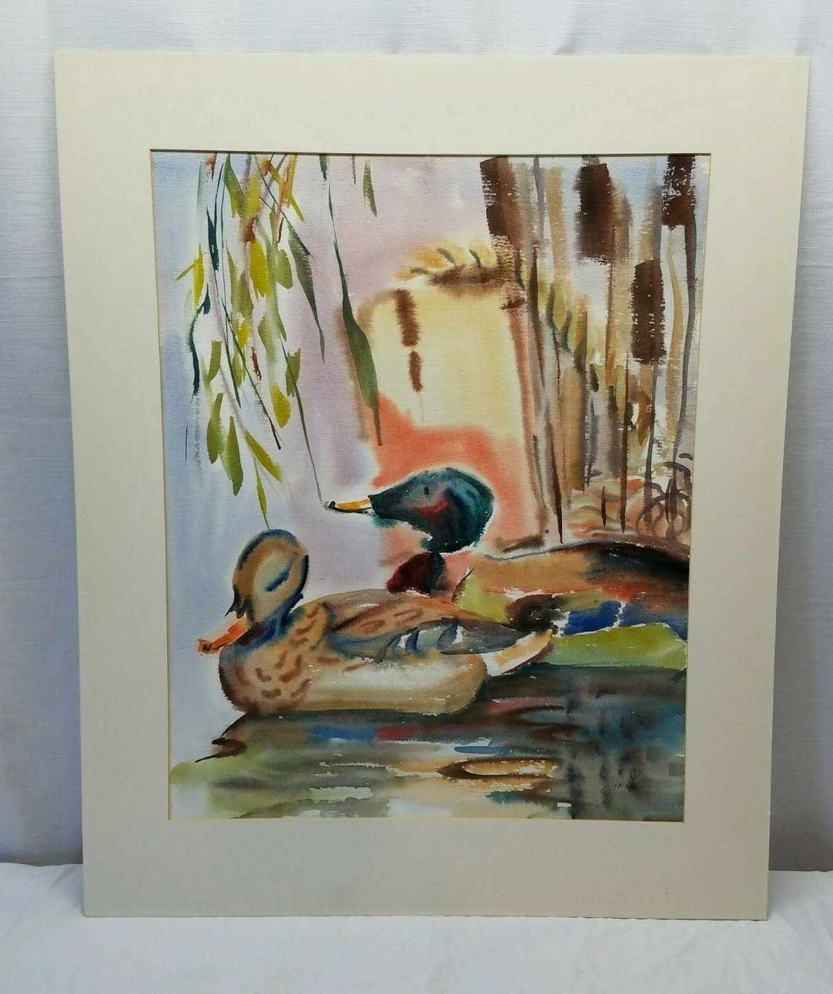 Singed Watercolor Painting Mallard Drake Hen Ducks Pond Cattails Art Pond Water
