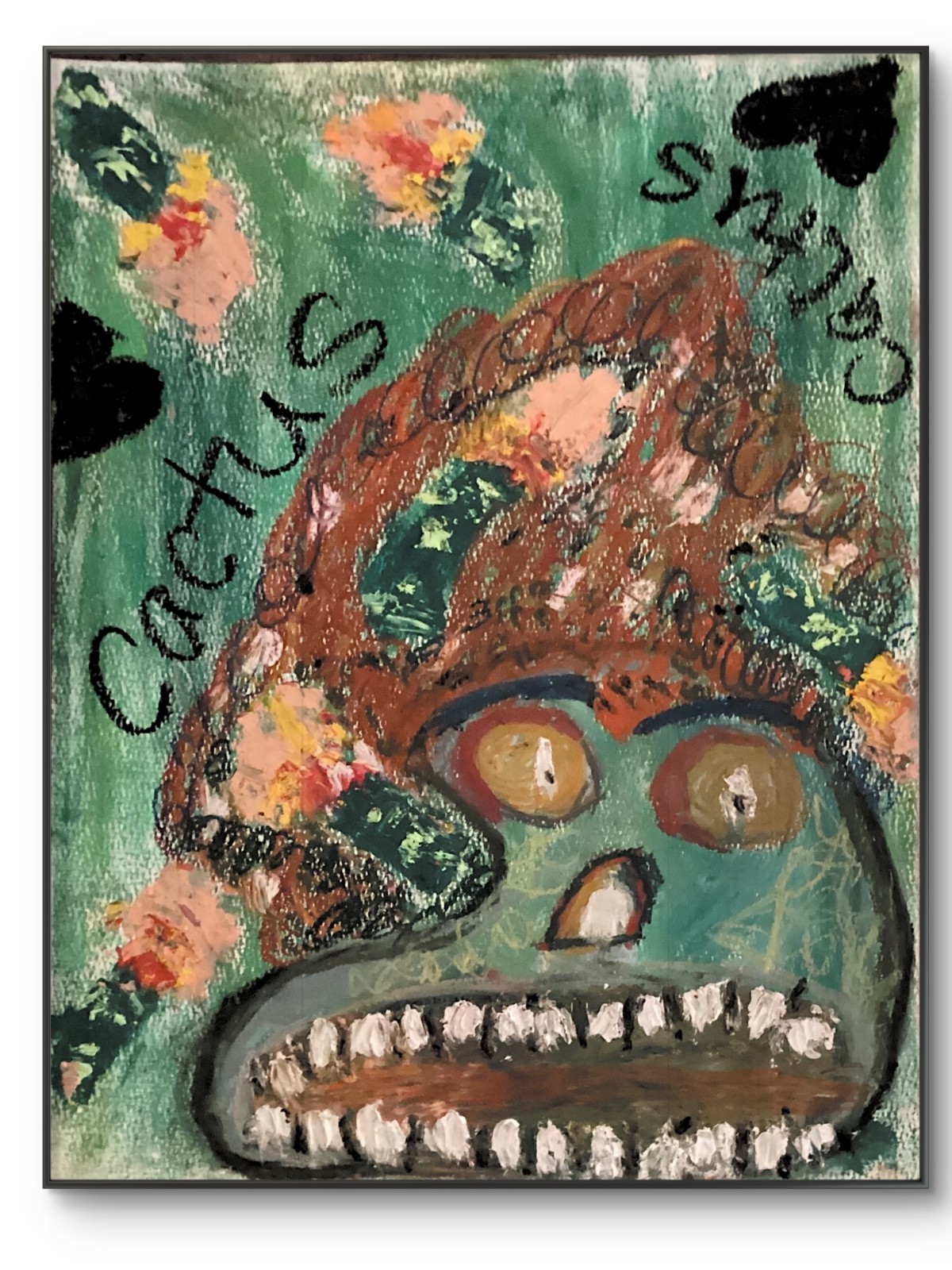Basquiat Style Graffiti Abstract Art Green Original 11 by 15 Oil Pastel on Paper