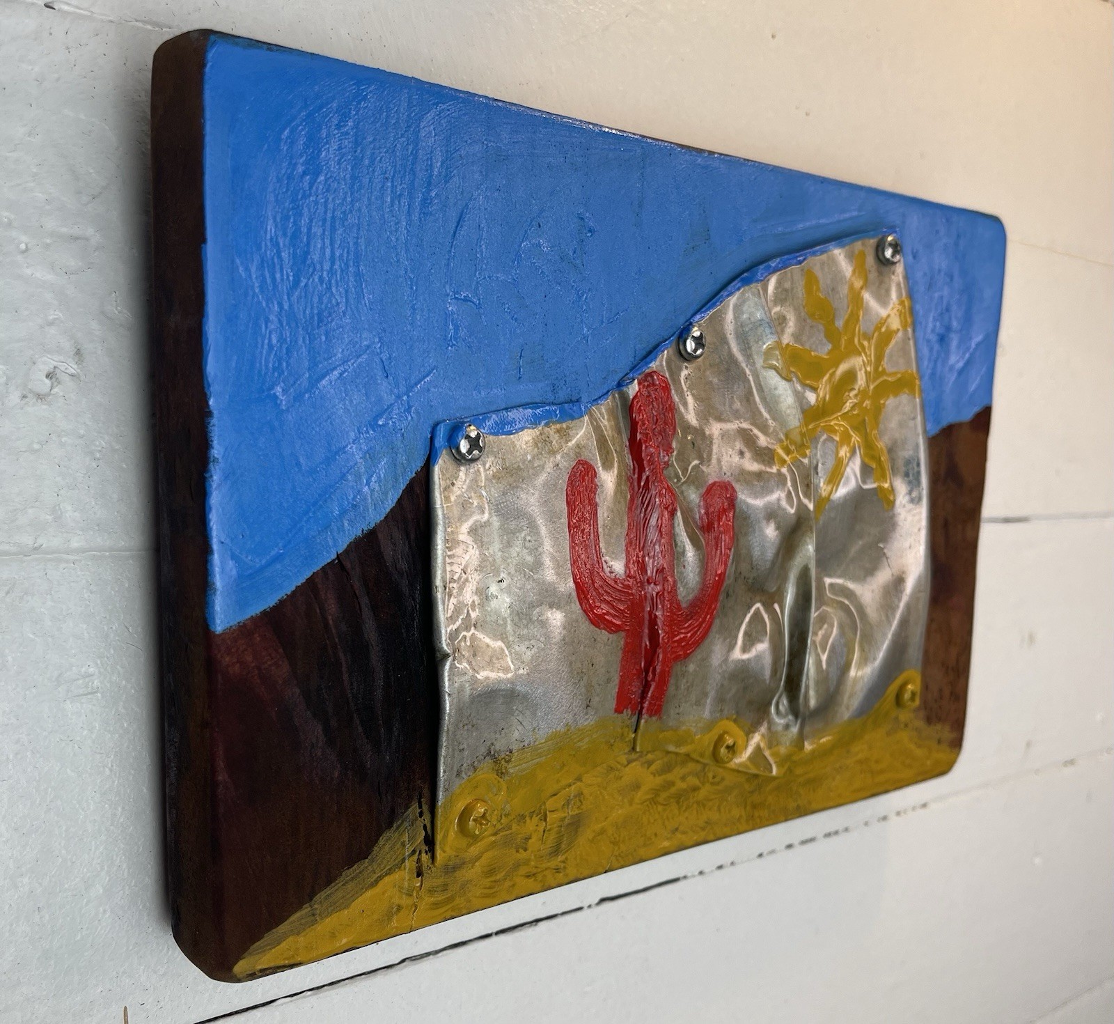 Painting Mixed Media Collage, Aircraft Aluminum, Oil, Acrylic On Wood, Desert