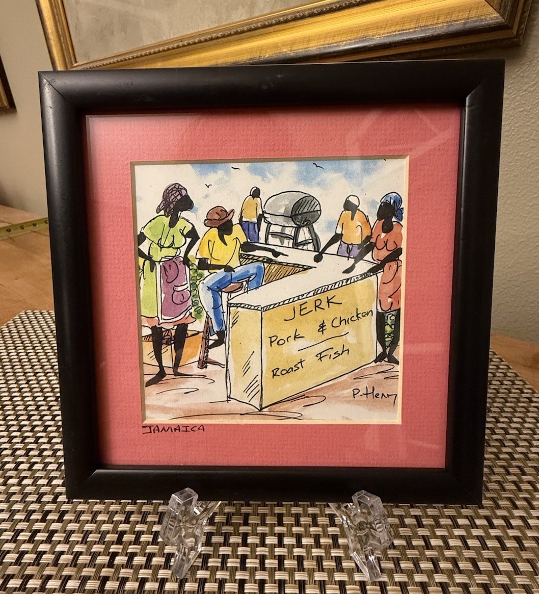 P. Henri Signed Jamaican Watercolor Matted Framed Signed Watercolor 5” x 5”