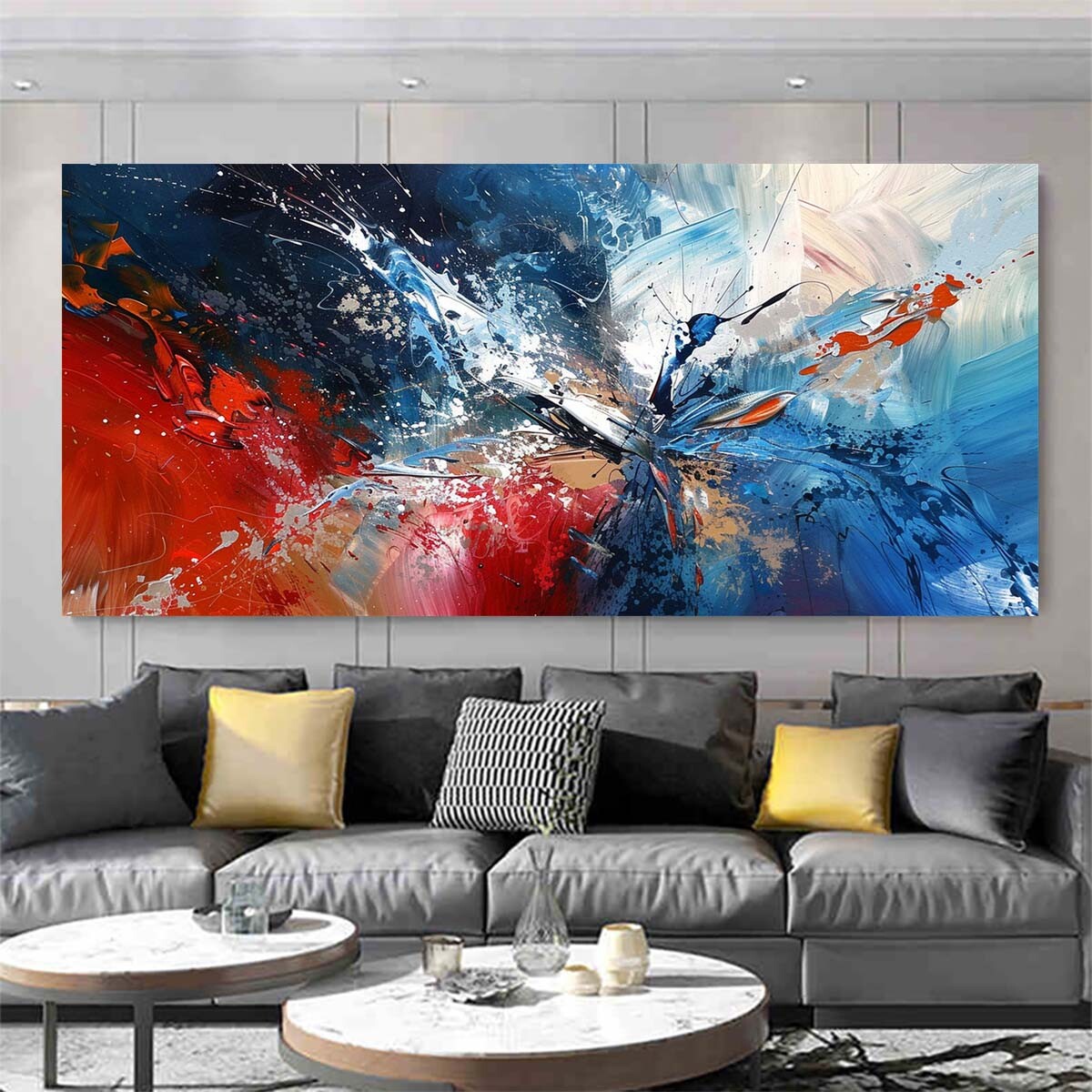 Blue and Red abstract modern hand painted art oil painting on canvas