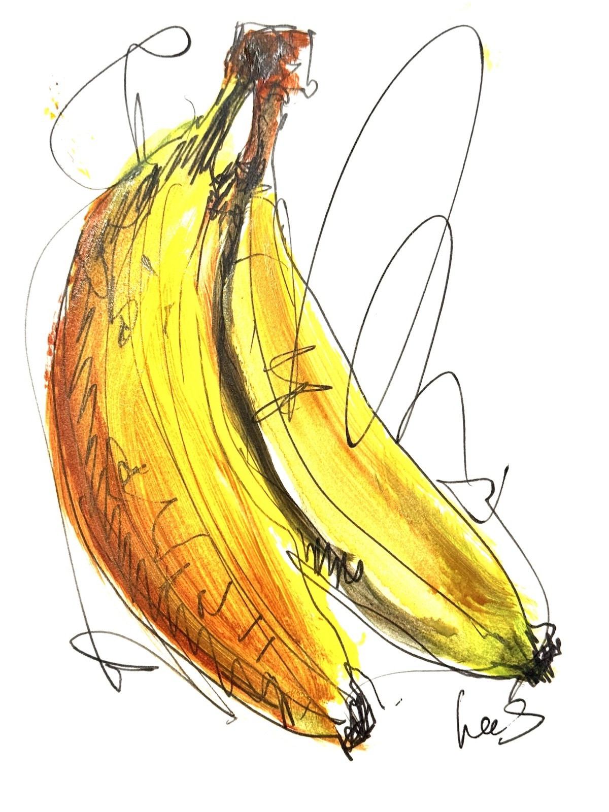 Original Abstract Expressionism 9X12 Two Bananas Paper Ink Handmade Signed 15