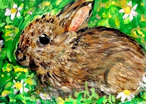 ORIGINAL ACEO Cottontail RABBIT Painting Spring Flower Bunny Animal Nature ART