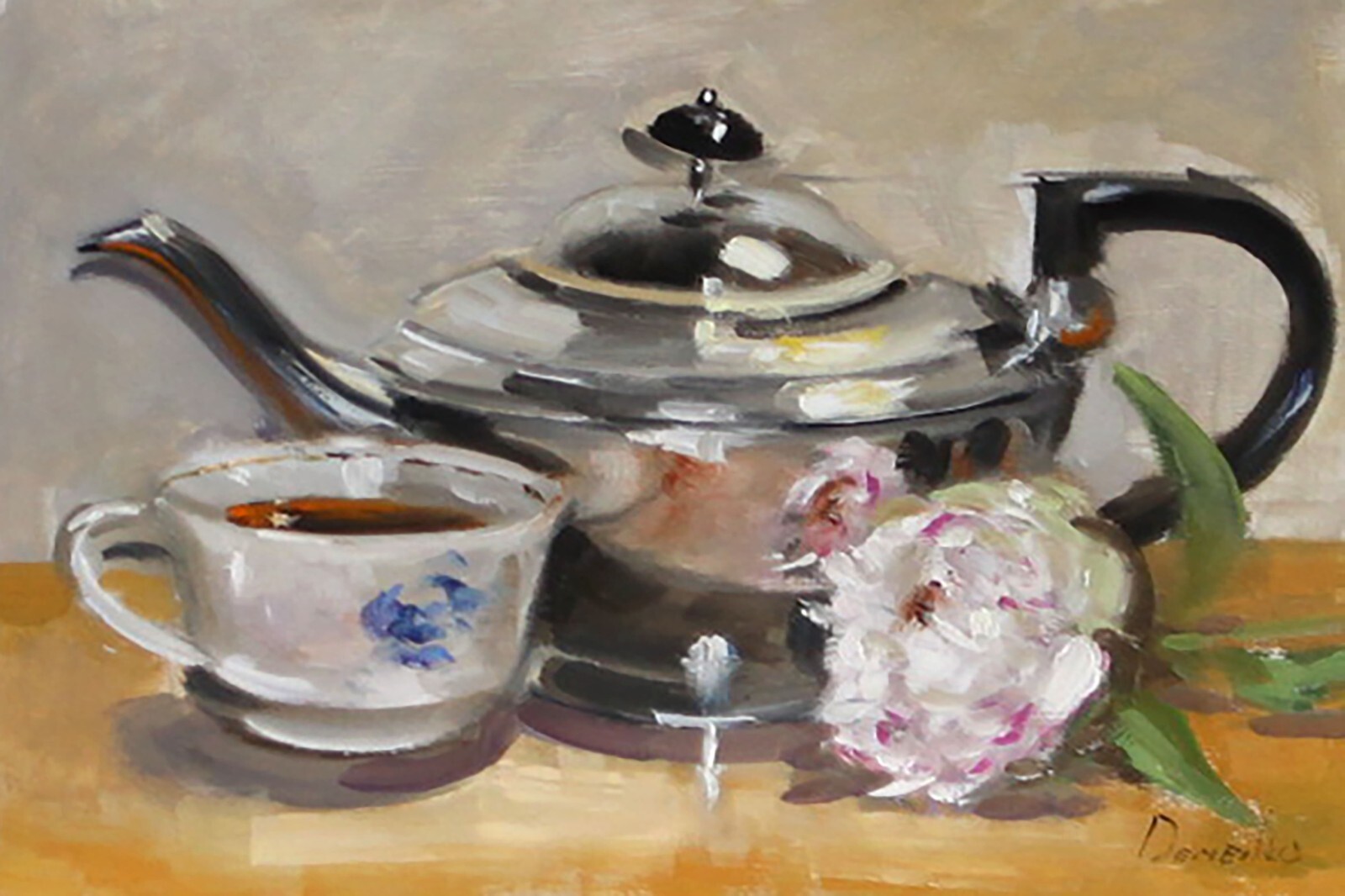 VINTAGE silver teapot and pink flower Oil Painting 8x12in Demenko