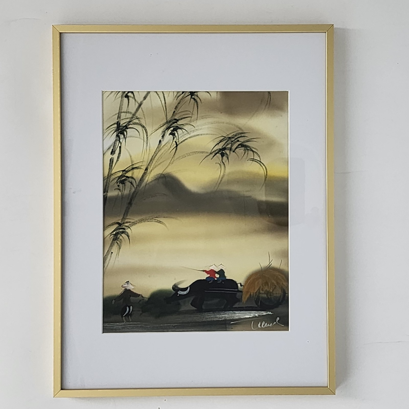 Vintage Vietnamese Silk Painting Water Buffalo Scene Hand Painted Signed 12×16