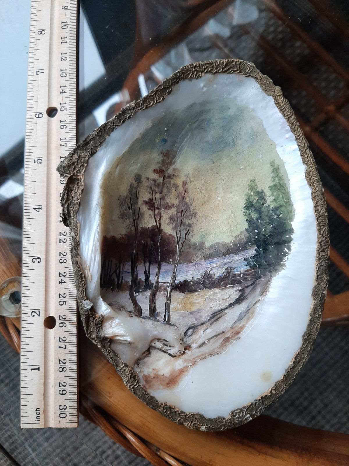 Antique Folk Art Painted Clam Shell Landscape Scene 6.25″ X 4.25″
