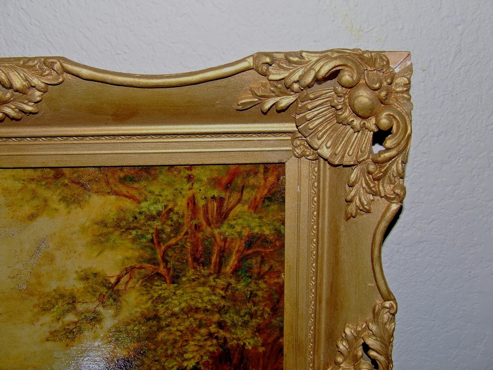 Antique 19th C. Landscape Gathering Watering Cows Oil on Board Gilt Ornate Frame