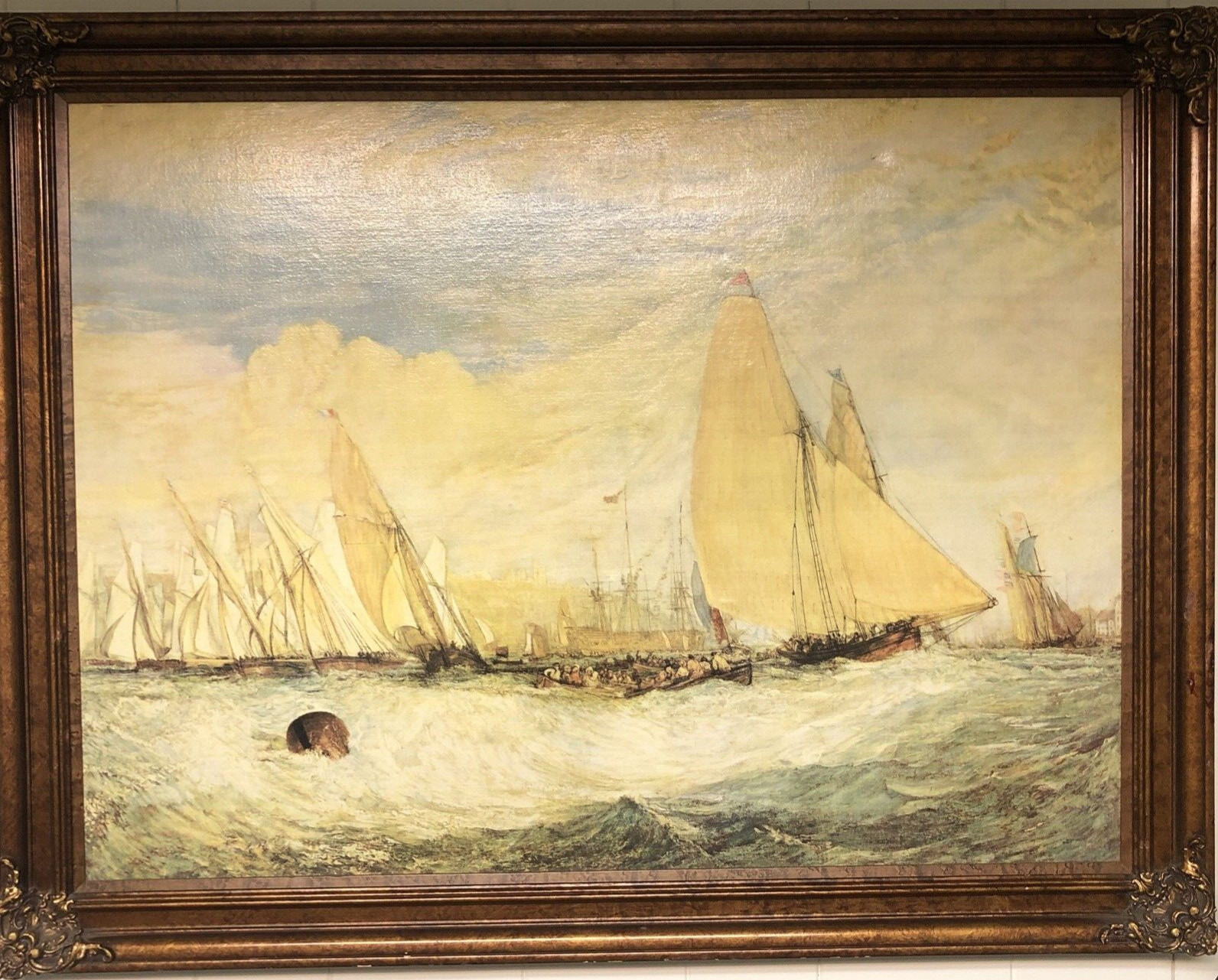 Antique Hand Painting Oil Painting On Canvas, Wood Framed 37 1/4″ x 29″ x 1 1/2″