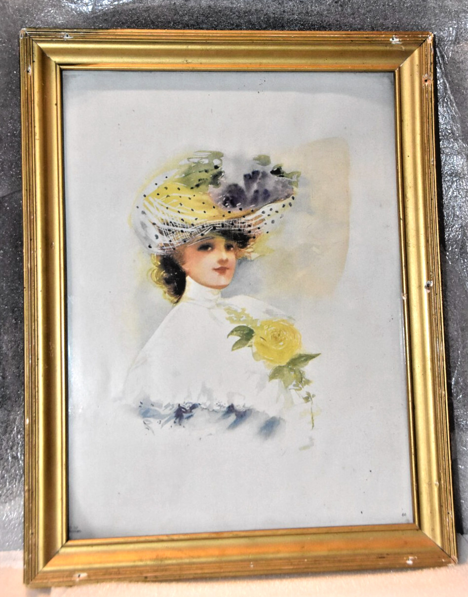 VINTAGE 19TH CENTURY LADY W/HAT IN A GOLD W/GOLD FRAME SIZE 13 3/4″ X 10 3/4″