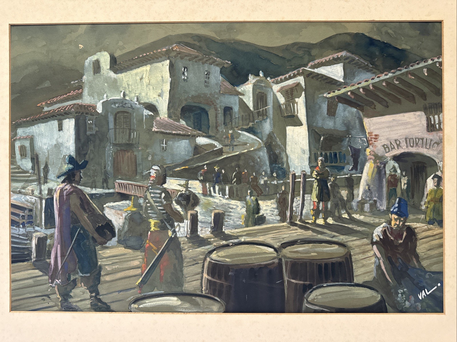 Antique Painting Spanish Architecture Marina Trading Port Illustration Signed