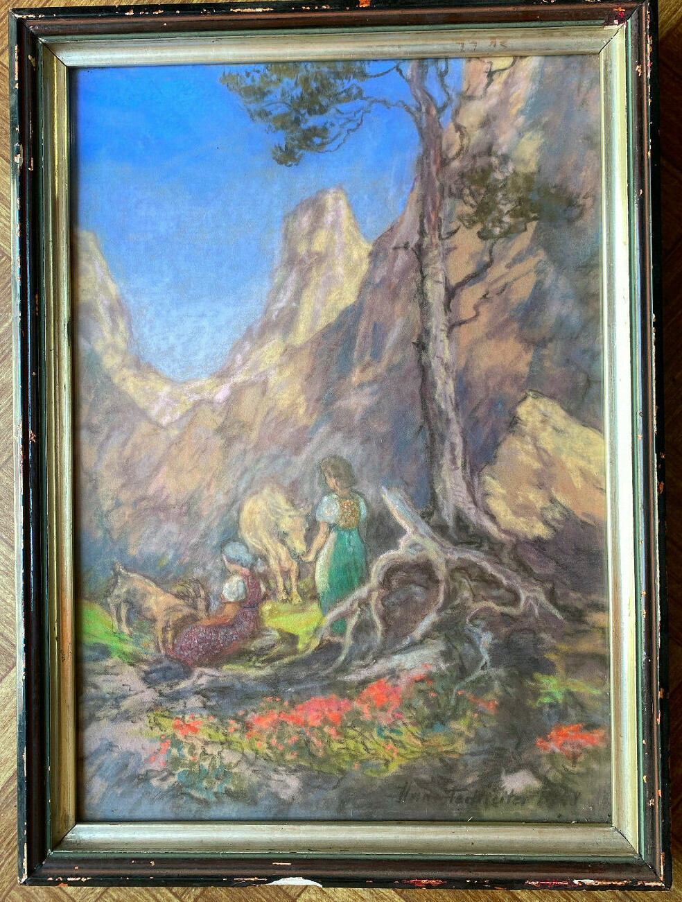 PASTEL Girl under A Tree with Goats Signed Hans 1948 Alps Mountains