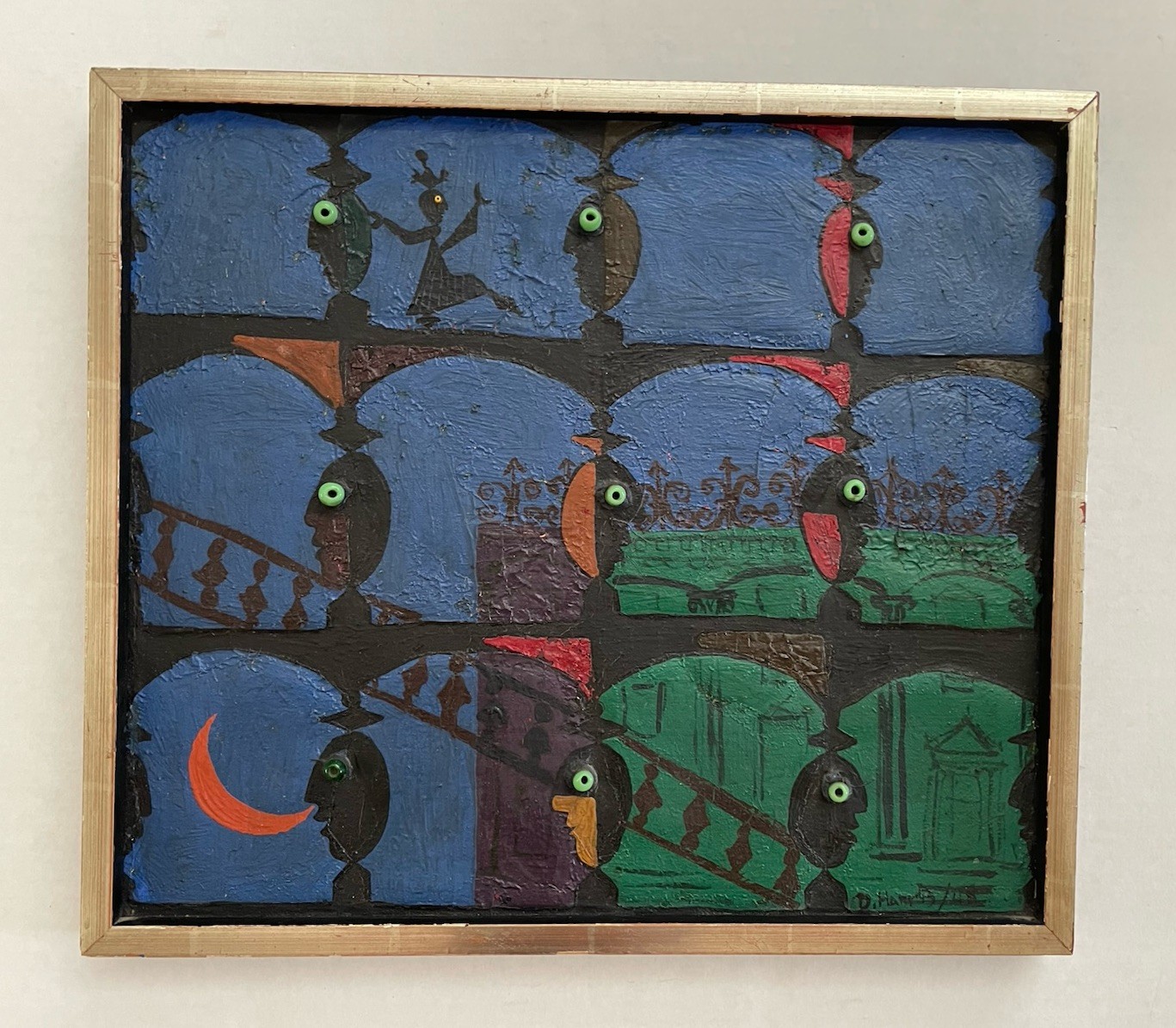 Vintage City Scape Iron & Dark Masked Figures Painting 1948 D Harris