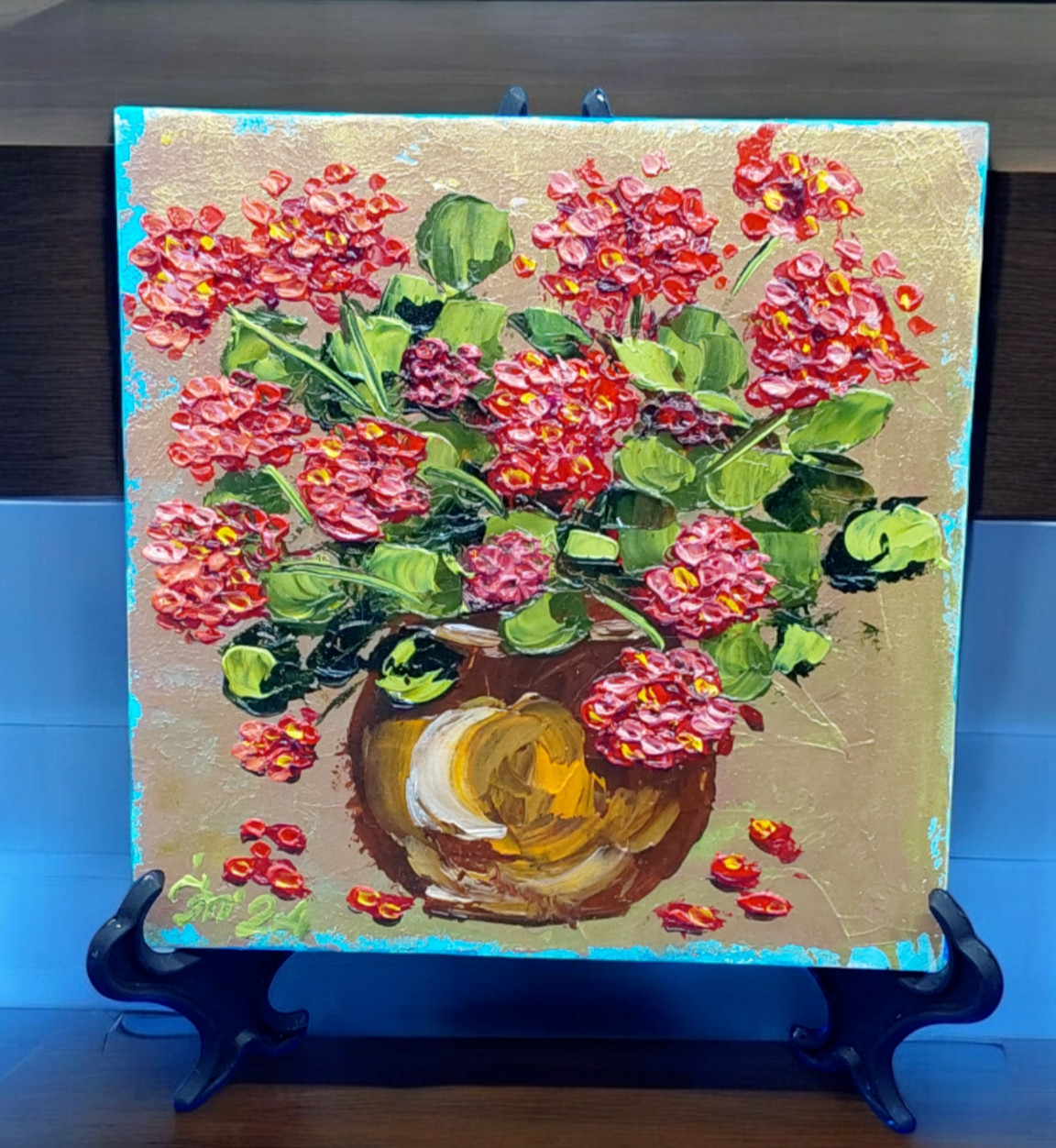 Geranium Original Oil Painting For Her Flowers Impasto Handmade Wall Art ooak